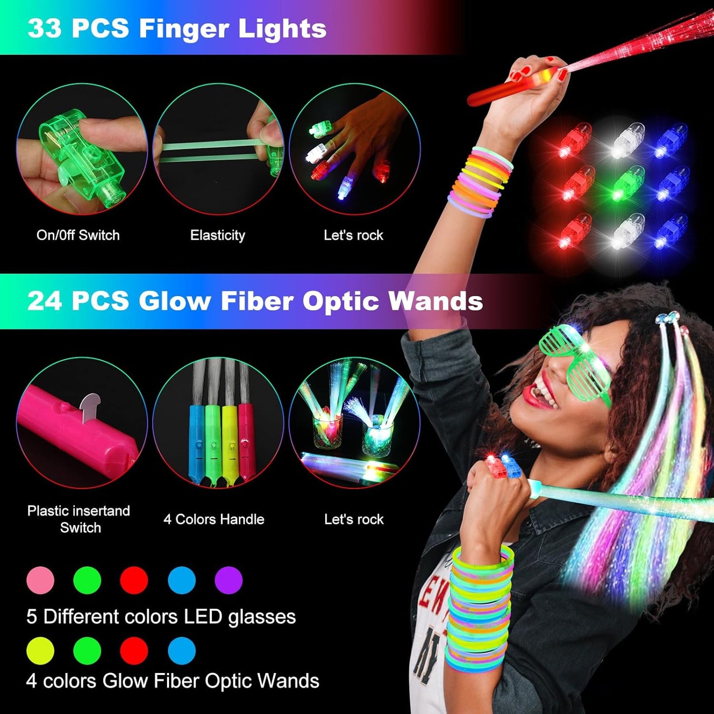 290 PCS Glow in the Dark Party Supplies, 200 Glow Sticks, 24 Fiber Optic Wands, 15 LED Glasses, 33 Finger Lights and 18 LED Hair Clips for Wedding, Birthday, Concert, Raves, New Year