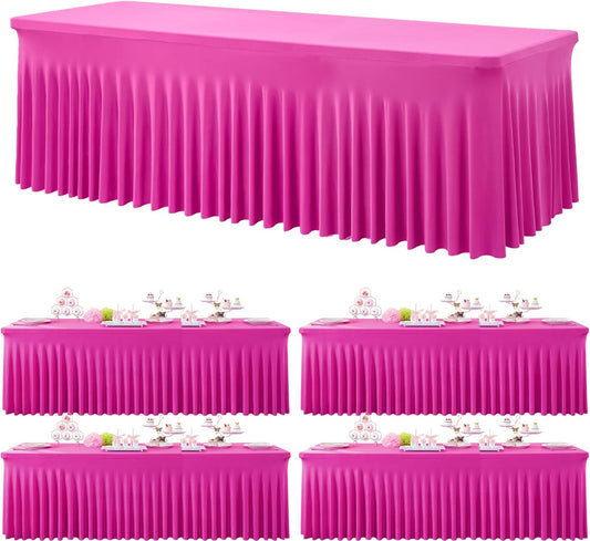 4 Pack Hot Pink Spandex Table Clothes for 8 Foot Rectangle Tables, Wrinkle Free Fitted Table Cover 8ft Fuchsia Stretch Tablecloths with Skirt for Parties Weddings Birthday Banquet Baby Shower