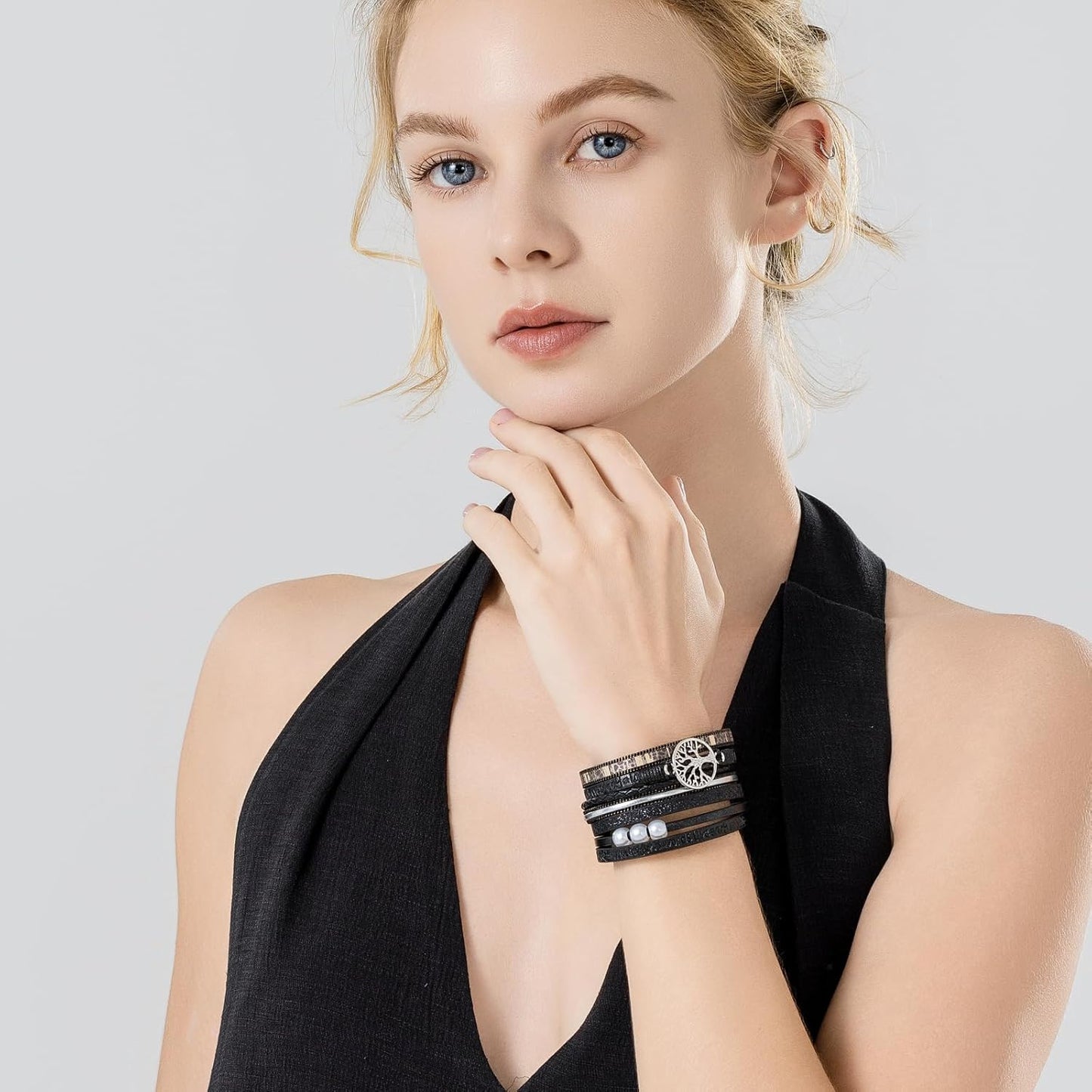 FANCY SHINY Tree of Life Leather Wrap Bracelet Inspirational Cuff Bangles Boho Pearl Bracelets with Magnetic Clasp Unique Jewelry Gifts for Women