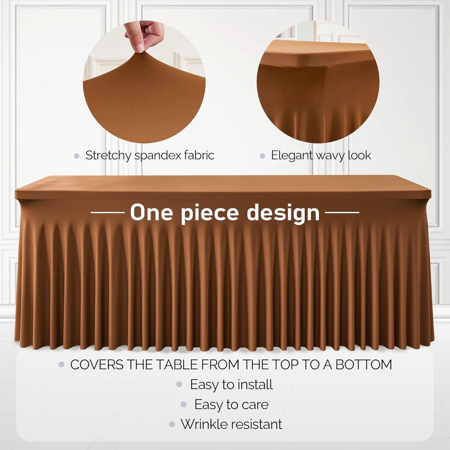 2 Packs Brown Table Clothes for 6 Foot Rectangle Tables, One-Piece Wrinkle Resistant Stretch Spandex Table Covers with Skirt for Event Banquet Wedding Birthday Party