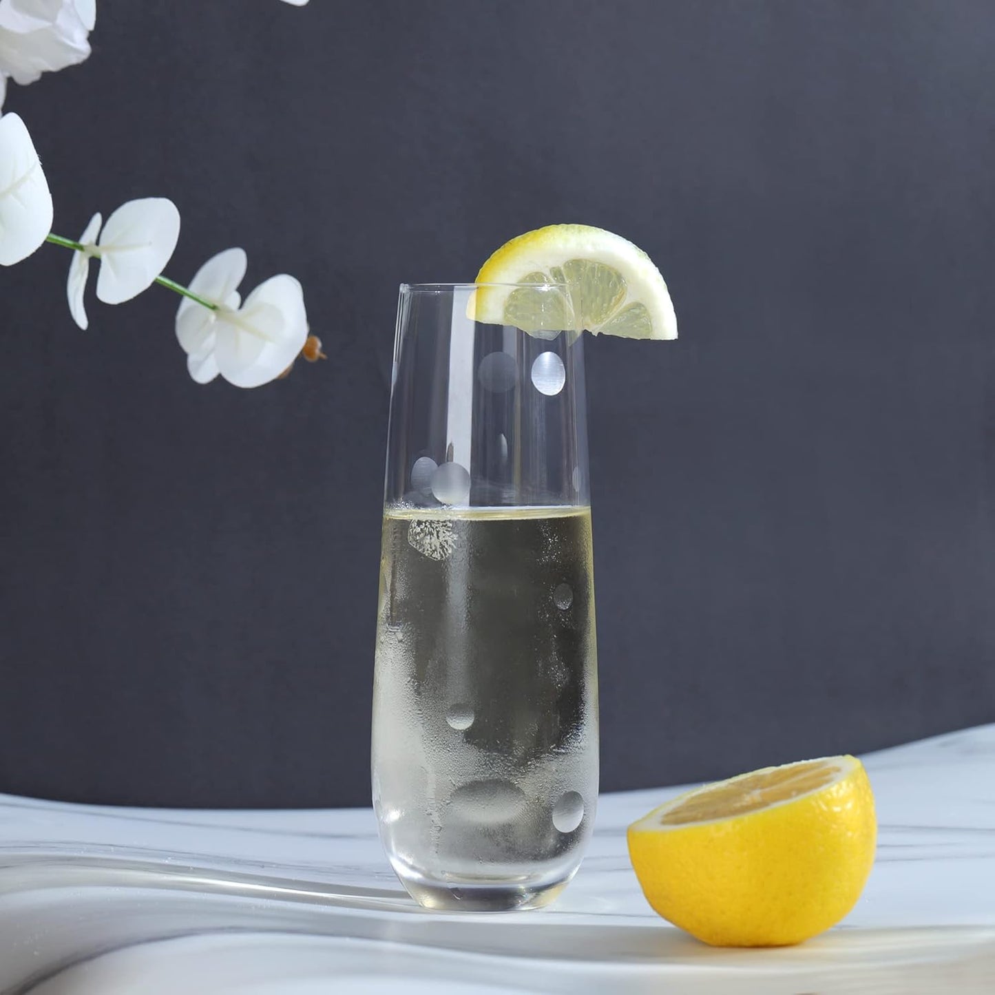 Joeyan Etched Champagne Flutes Glasses Cups,Handmade Mouth Blown Aesthetics Glassware Art Decoration,Home Bar Essentials,Gifts for Wedding Anniversary Daily Use,Set of 4,9.8 oz,Dishwasher Safe