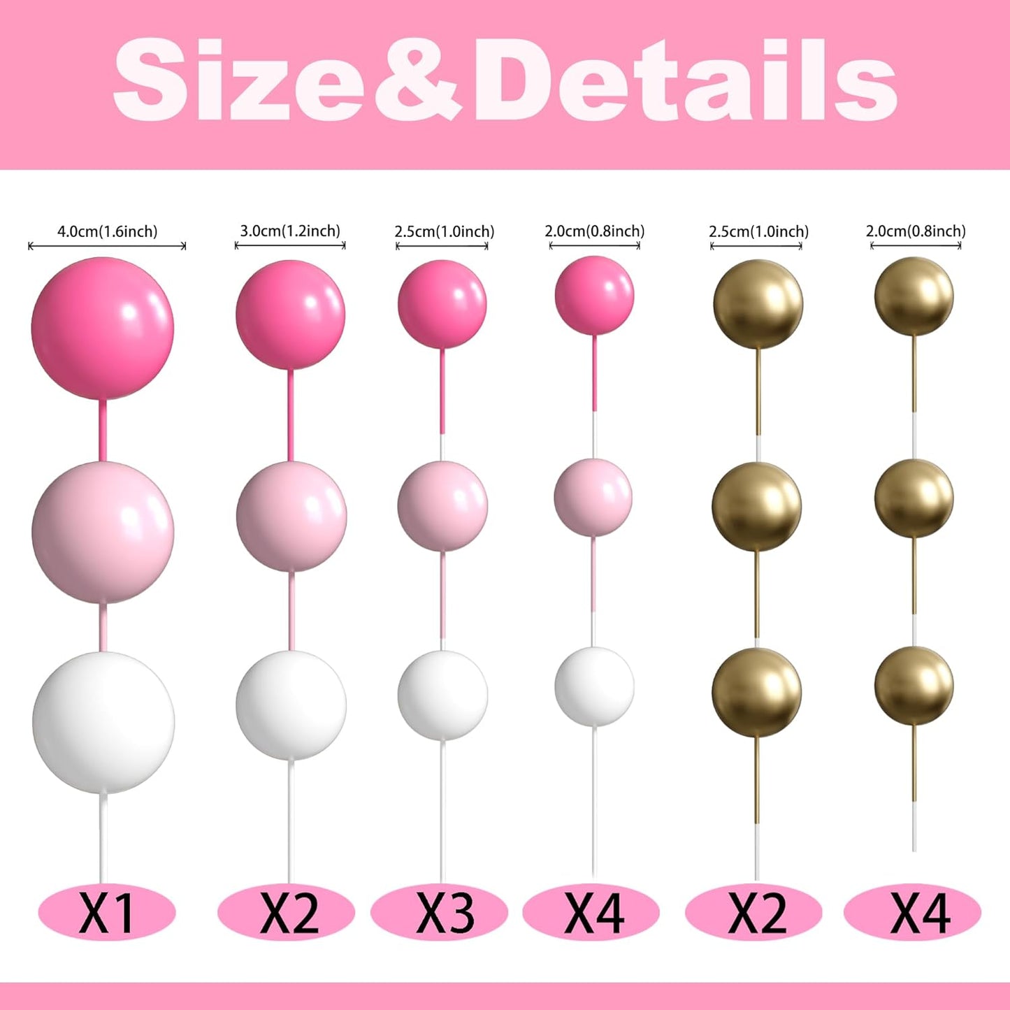 36 Pack Balls Cake Topper Decorations Foam Balloons Cake Decorations Mini Balloons Cake Toppers Balls Cake Picks for Baby Shower Wedding Anniversary Birthday Party Decorations Rose Red White Gold