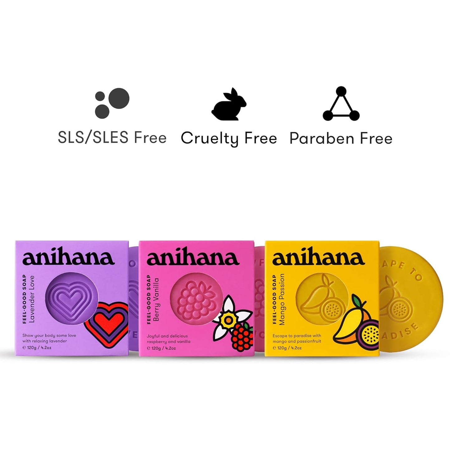 ANIHANA Feel-Good Soap Variety 3 Pack with Coconut Oil and Shea Butter, Gentle Cleansing, Paraben Free, Cruelty Free, Berry, Mango, and Lavender Scent, 4.2 oz each