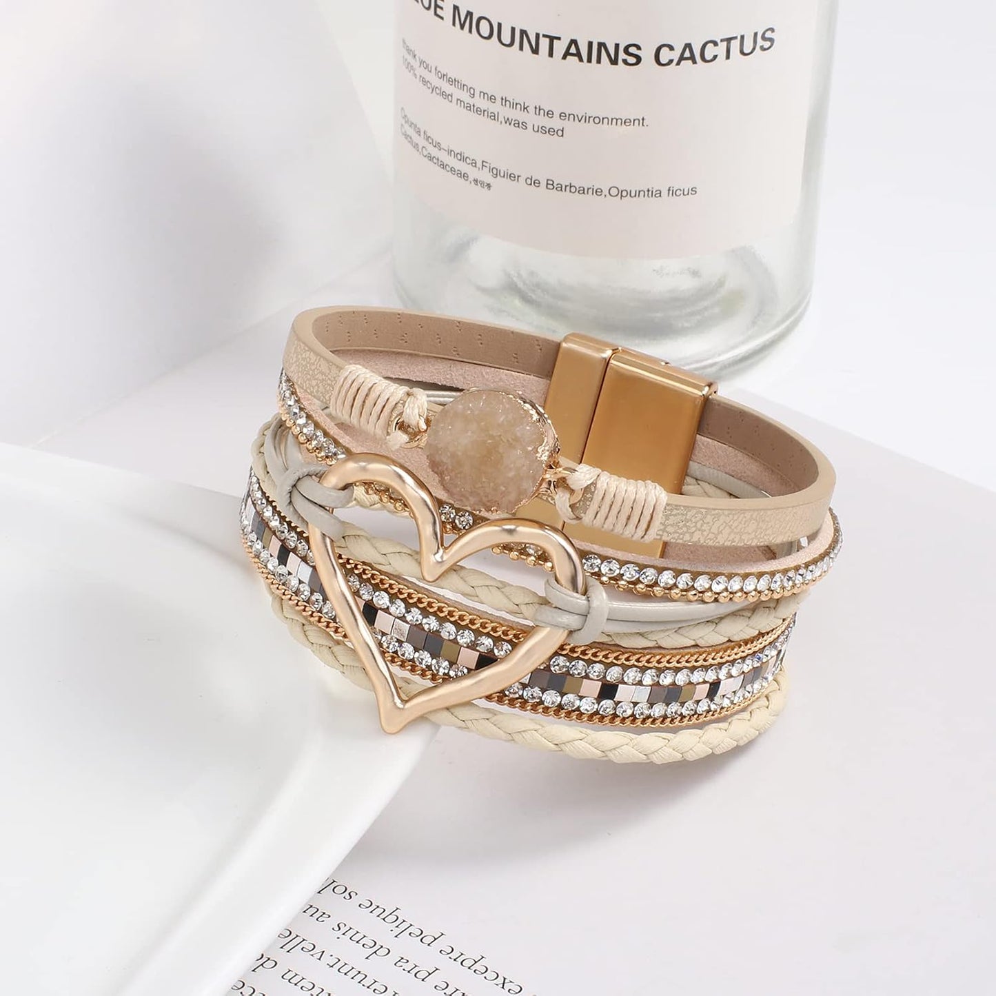 Leather Wrap Bracelet for Women Beaded Cuff Bracelet with Heart-shape Decor Bohemian Crystal Bracelet Jewelry with Clasp Bangle Bracelet for Women Girls Birthday Holiday Gift