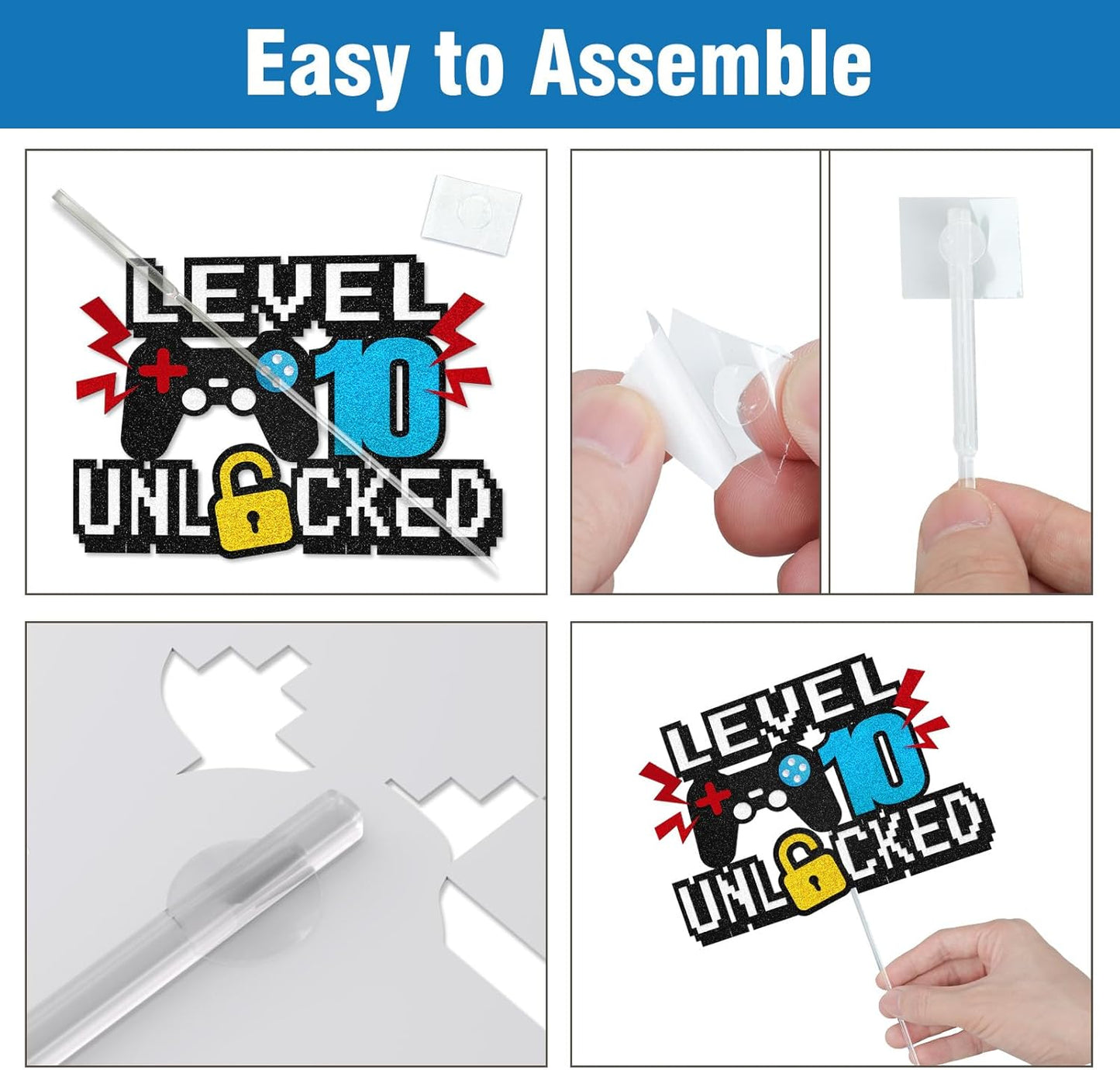 Video Game Cake Topper, Level 10 Unlocked Cake Topper, Happy 10th Birthday Game Party Decorations for Boys Girls, Video Game Controller Themed Birthday Party Supplies for Game Fans, Kids and Men