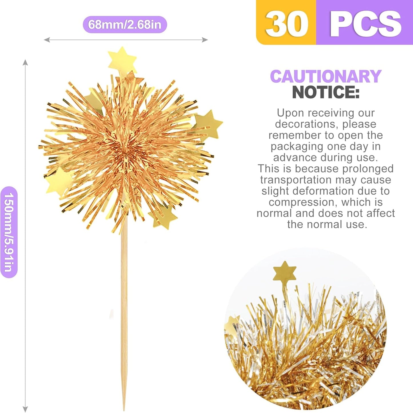 30 Pack Gold Firework Cake Toppers for Cupcakes and Desserts Sparkly Tinsel Cocktail Sticks for Celebration Anniversary Party Décor