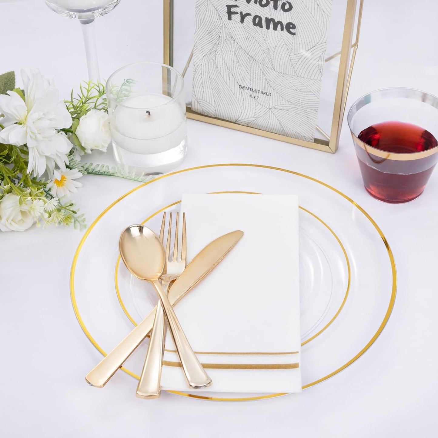 SUT 175 PCS Clear and Gold Plastic Plates, Plates Disposable Heavy Duty for 25 Guests, Disposable Plates for Party and Wedding, Party plates and Cups and Napkins Sets, Plastic plates Disposable