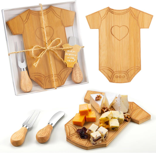 2 Set Baby Shower Gifts for Guests Clothing Shaped Charcuterie Board Set Thank You Tags with Box Mini Cheese Board Party Favors for Gender Reveal Favors Baby Shower Game Prizes (Bamboo Color)