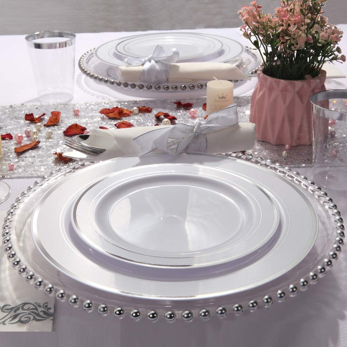 I00000 700 Piece Silver Dinnerware Set for 100 Guests-100 Dinner Plates, 100 Dessert Plates, 100 Disposable Cups 10 oz, 100 Paper Napkins, 100 Plastic Silverware Set Perfect for Party & Wedding