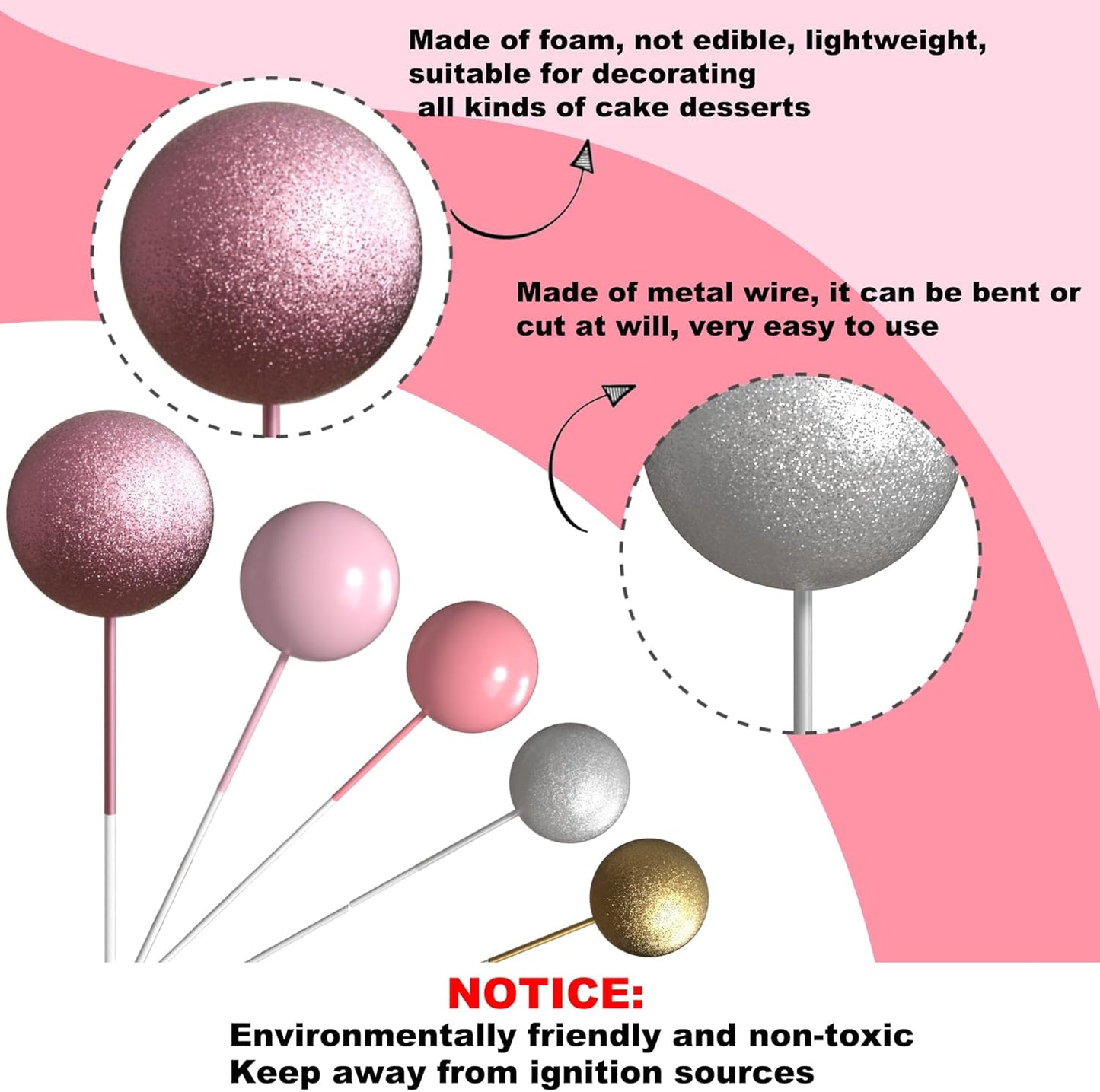 36 Pack Balls Cake Topper Decorations Foam Balloons Cake Decorations Mini Balloons Cake Toppers Balls Cake Picks for Baby Shower Wedding Anniversary Birthday Party Decorations Glitter Pink Gold Silver