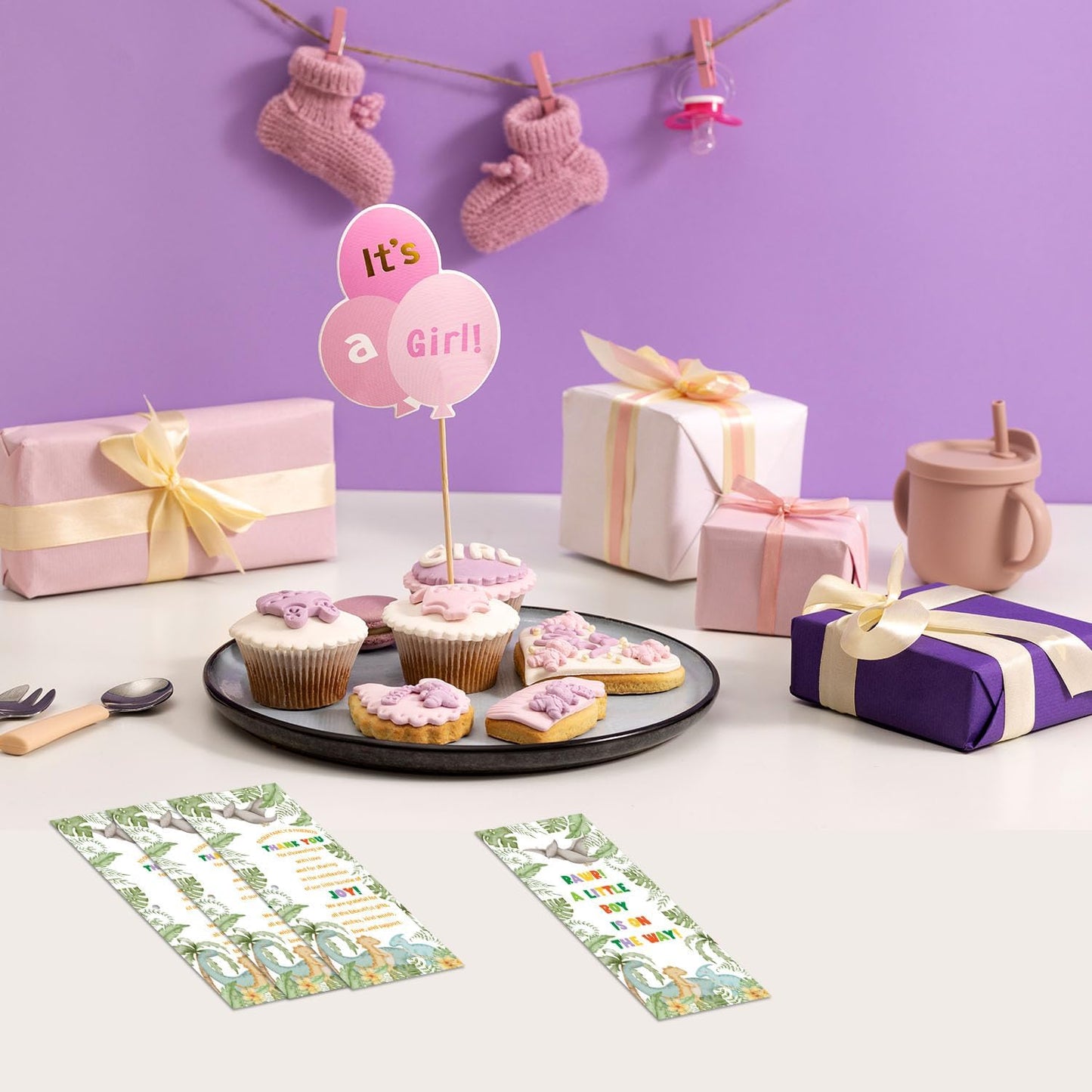 30 Pcs Baby Shower Gifts for Guests, Baby Shower Sets, Included Bamboo Pens Greeting Cards, Gender Reveal Party Supplies for Boys, Dinosaur Birthday Decorations for Games Prizes