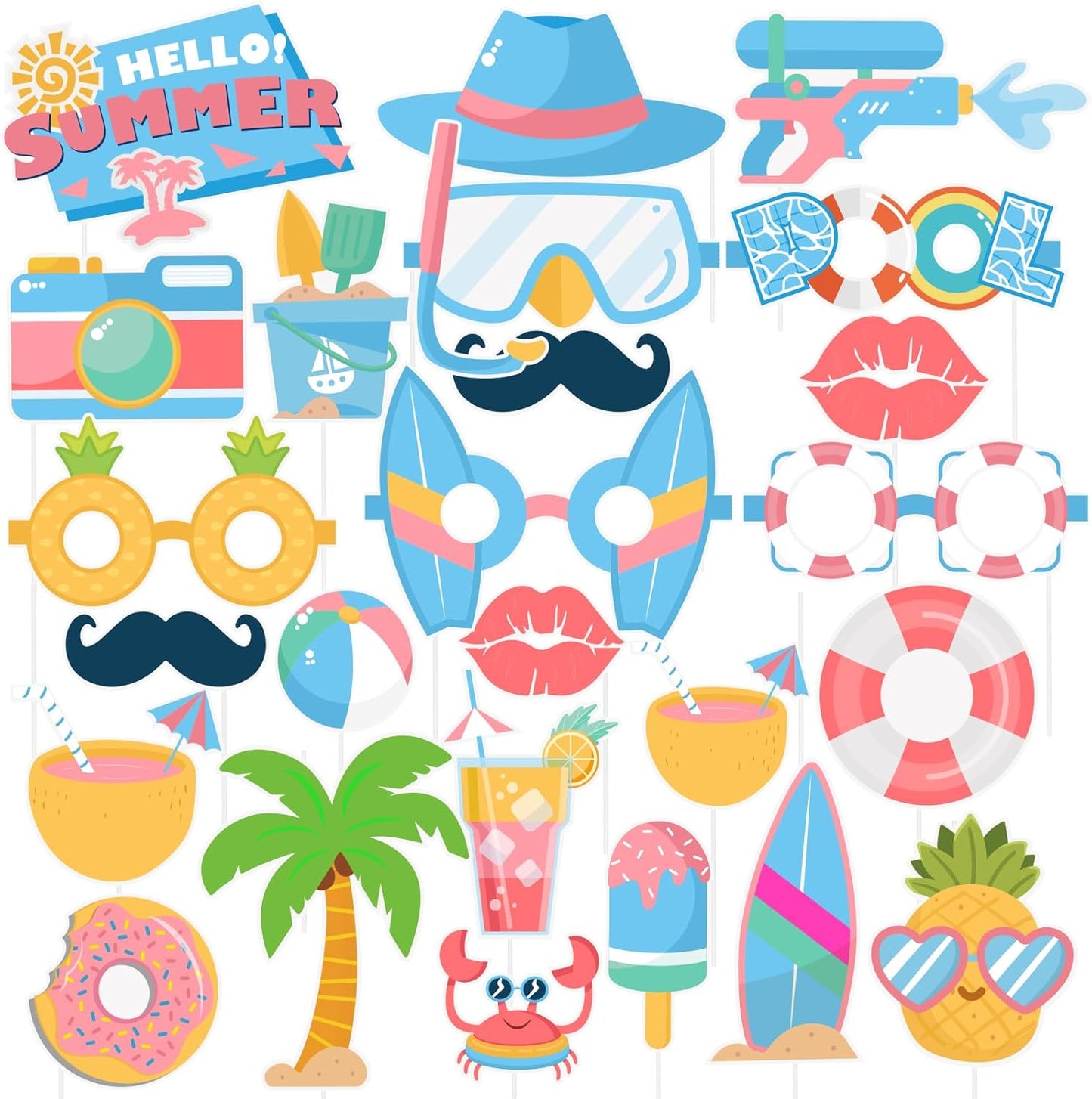 SUNBEAUTY 25 Pcs Beach Photo Booth Props Summer Party Decorations Beach Party Decorations Beach Decorations Pool,Hawaiian,Luau Photo Booth Props