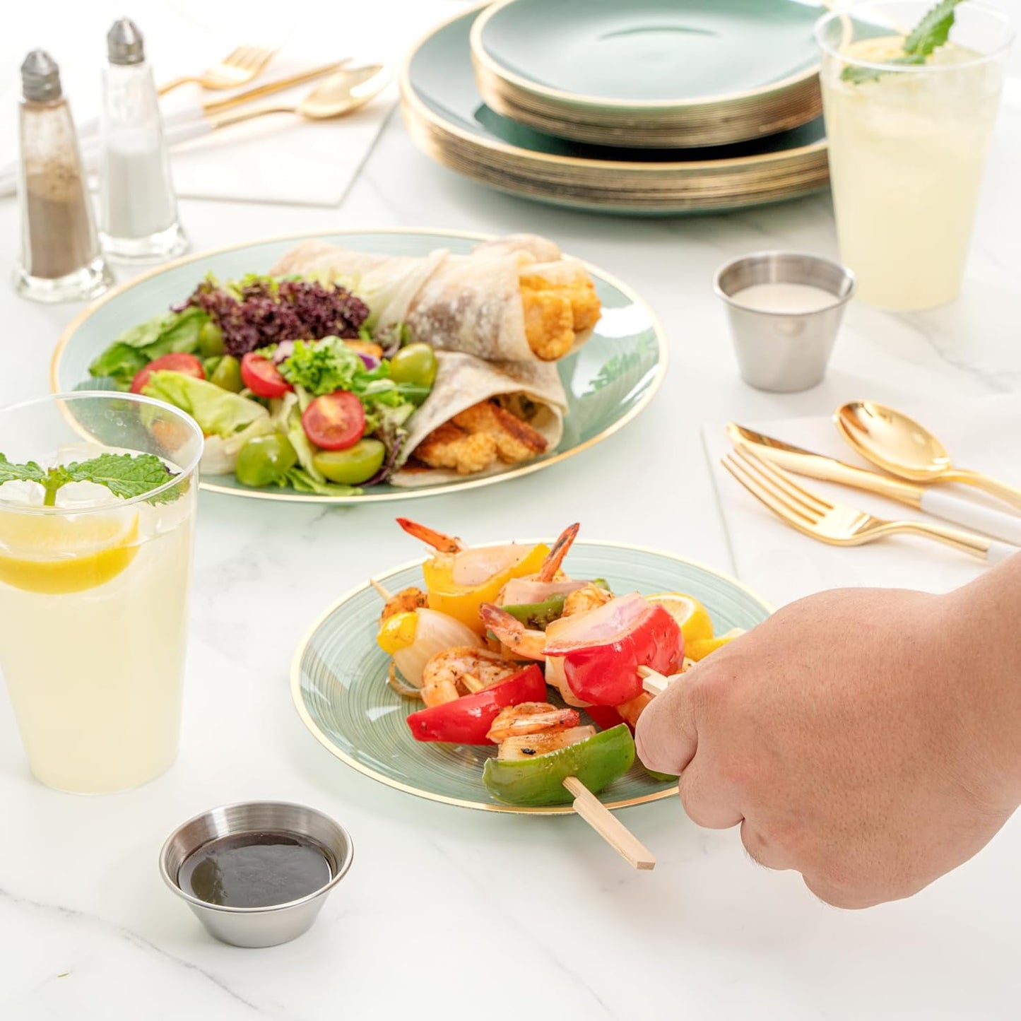 Restaurantware Plastic Plates 200 Pcs 7.13" and 10" Combo Gold Rimmed Plate Set Disposable Heavy-Duty Green Translucent Rippled Plastic Dinner Servers for Party, Weddings, Salads, Desserts