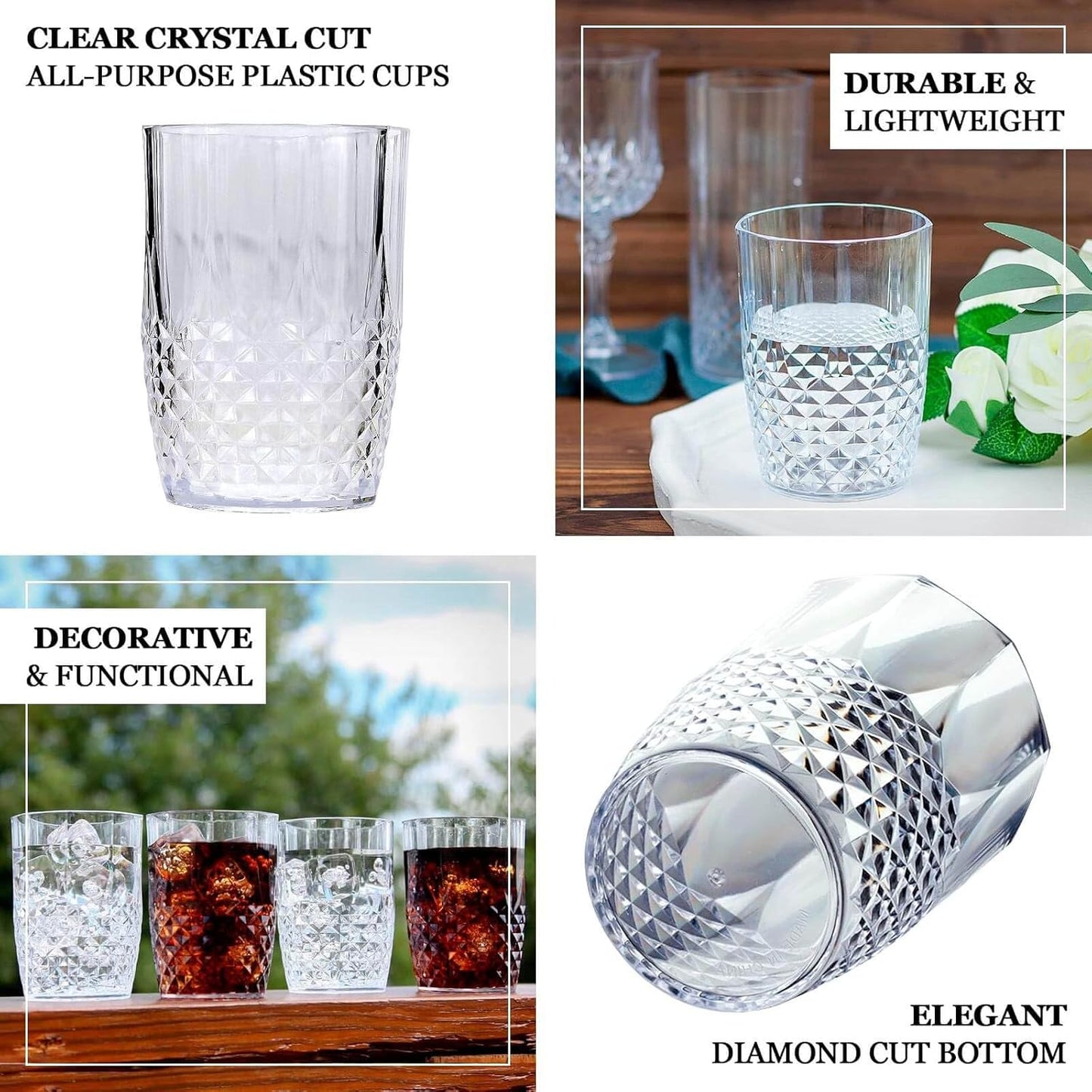 6-Pack Plastic Tumblers, 16oz Unbreakable Drinking Glasses Crystal Cut Style Clear - Shatterproof Short Cups