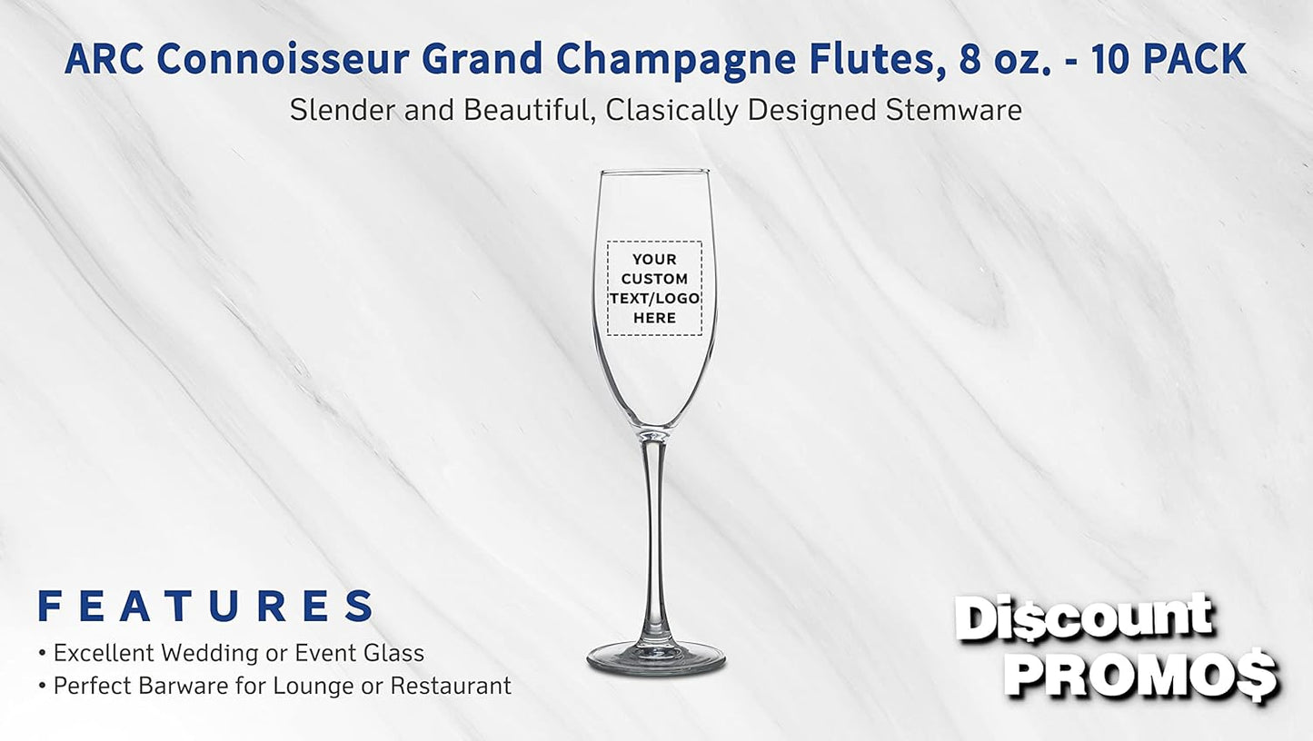 DISCOUNT PROMOS Custom ARC Connoisseur Champagne Flutes 8 oz. Set of 10, Personalized Bulk Pack - Elegant Drinkware for Weddings, Events, & Promotional Gifts - Clear