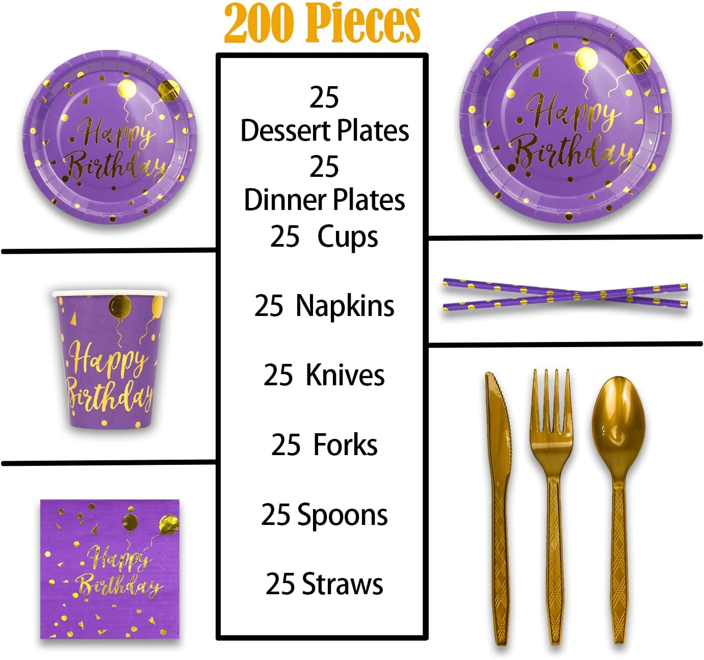 200 Pieces Gold Disposable Party Dinnerware Set &Disposable Purple Birthday Party Dinnerware - Purple Paper Plates Napkins Cups, Gold Plastic Forks Knives Spoons Straws