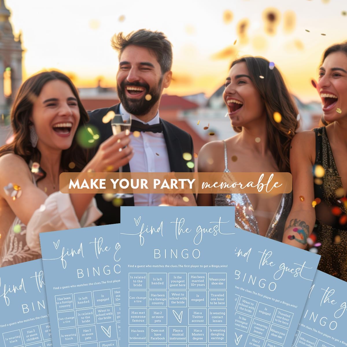Wedding Shower Games Cards, 25Pcs Prefilled Find The Guest Bingo Game Cards, Engagement Party Games for Guests, Minimalist Blue Wedding Party Supplies - B19
