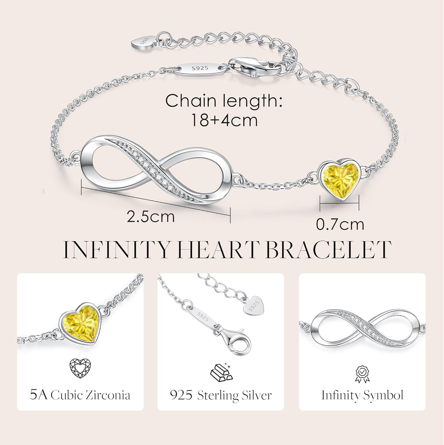CDE Infinity Heart Birthstone Charm Link Bracelet for Women 925 Sterling Silver Adjustable Mother's Day Christmas Day Gift Anniversary Birthday Jewelry for Wife Girlfriend Her