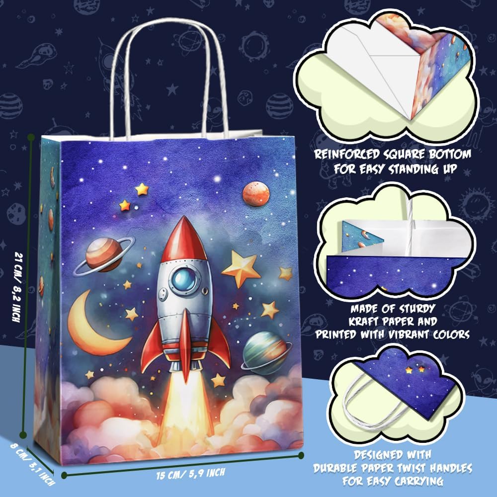 24 Pcs Astronaut Party Favor Bags with Handles - Space Galaxy Themed Solar Eclipse Goodie Gift Candy Kraft Paper Bags for Kids Birthday Party Supplies Decorations