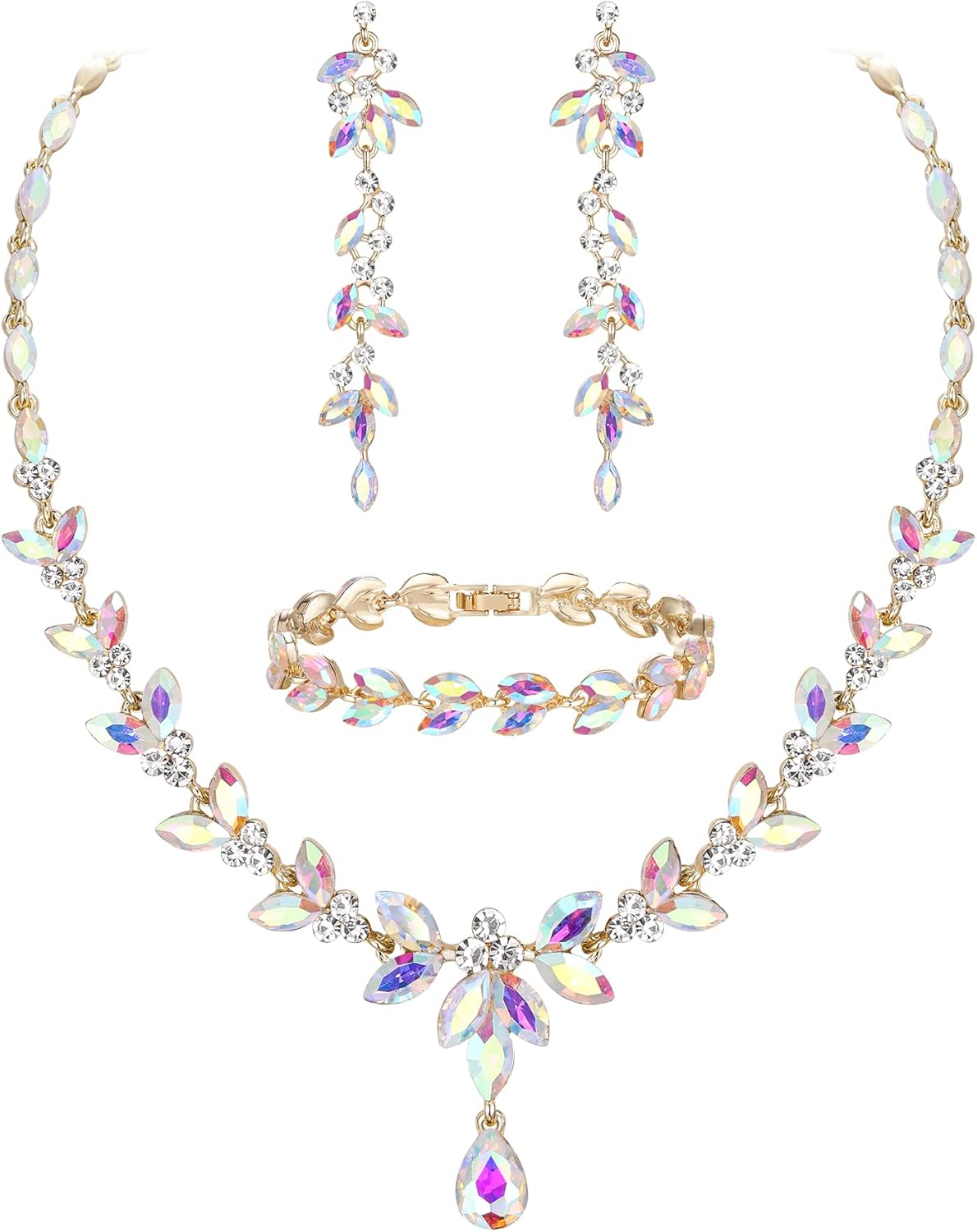 EVER FAITH Austrian Crystal Bridal Bridesmaid Jewelry Sets, Elegant Marquise Rhinestone Leaf Necklace Dangle Earrings Tennis Bracelet Set for Women