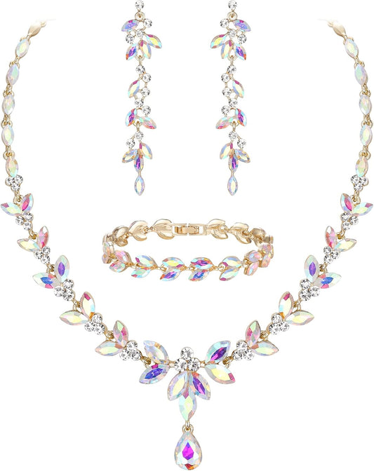EVER FAITH Austrian Crystal Bridal Bridesmaid Jewelry Sets, Elegant Marquise Rhinestone Leaf Necklace Dangle Earrings Tennis Bracelet Set for Women