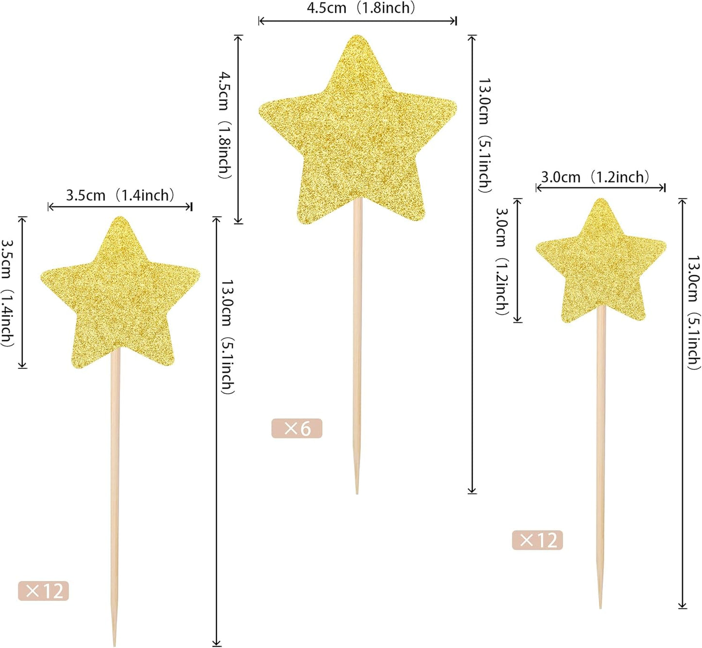 30 PCS Star Cupcake Toppers Glitter Assembled Twinkle Star Cupcake Picks Wedding Engagement Bridal Shower Birthday Party Cake Decorations Supplies Mixed Size Gold