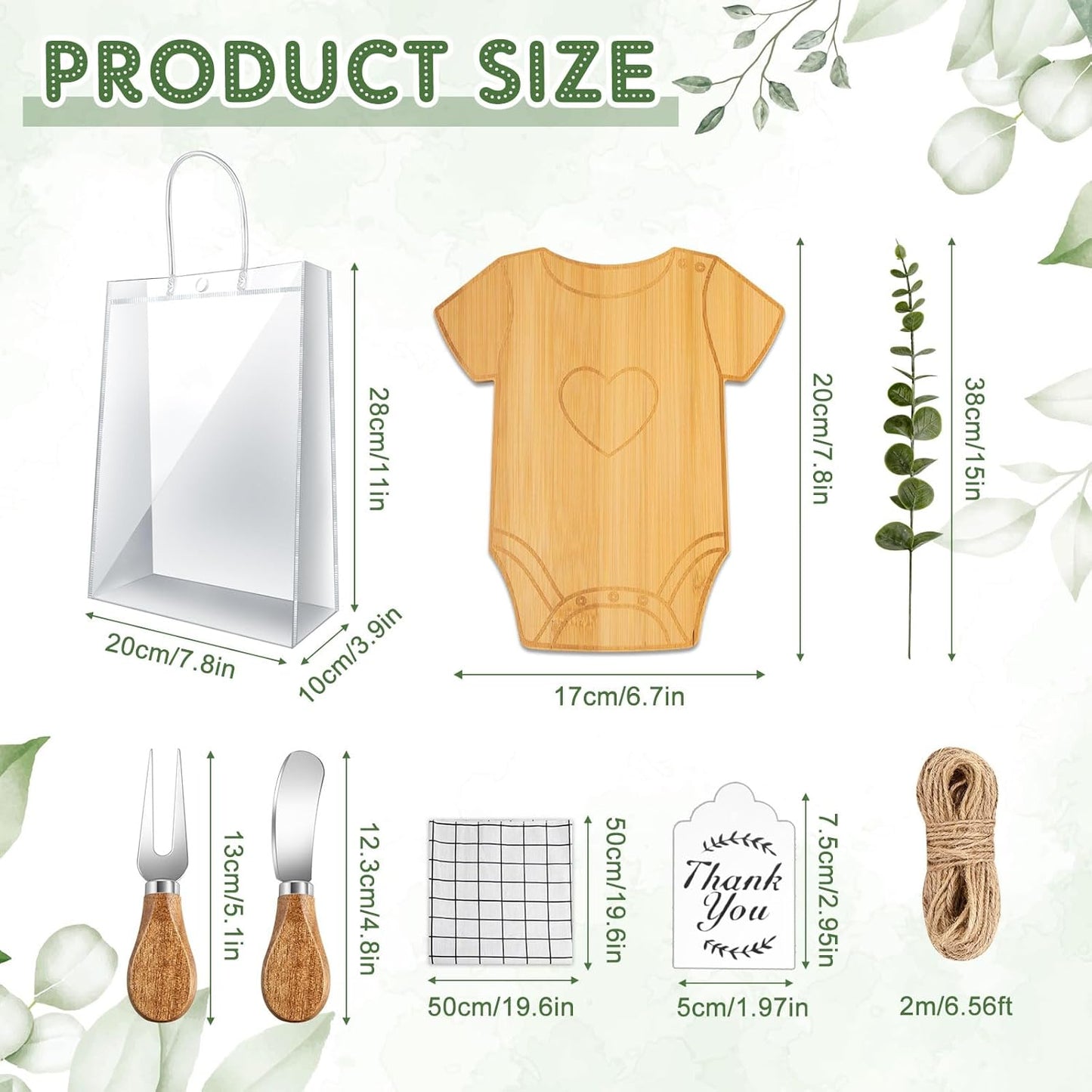 43 Pcs Baby Shower Game Prizes for Winners 6 Sets Baby Shower Prizes for Game Player with Bamboo Cheese Board Oak Knife Fork Placemats Artificial Eucalyptus Stems Tags Bags