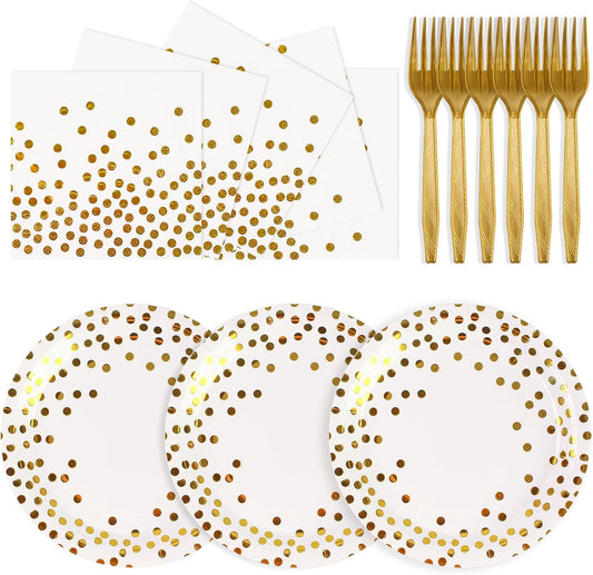 75PCS Paper Plates and Napkins Set - White and Gold Dot Disposable Party Dinnerware Includes Paper Plates, Napkins, Forks Decorations for Birthdays, 2025 Graduations, Weddings and Holidays, Serves 25