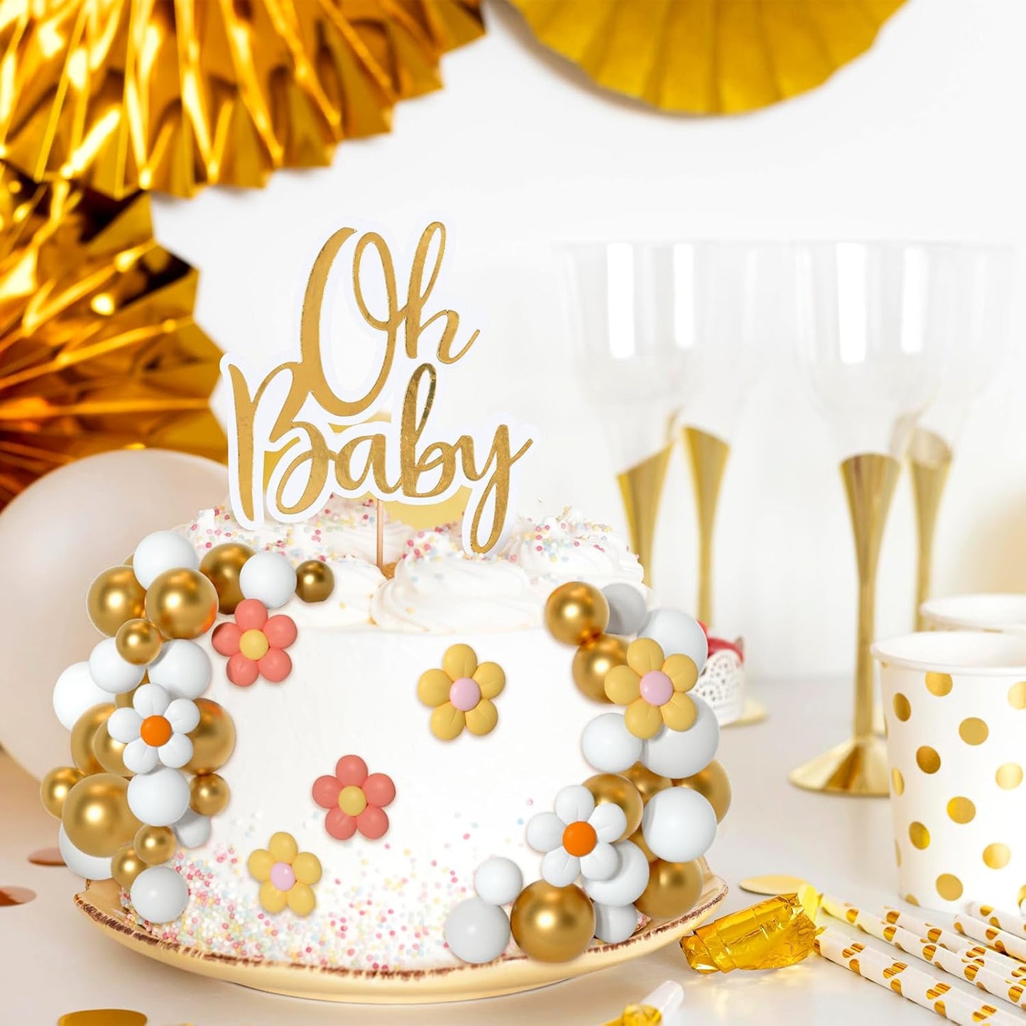 61 Pcs Boho Cake Topper Balls Decorations Mini Balloon Retro Hippie Daisy Flower Acrylic Cake Topper for Birthday Party Wedding Rainbow Baby Shower (White Gold)