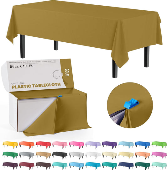 Party Solids 54 Inch X 100 Feet Gold Plastic Table Cover Roll in A Cut - to - Size Box with Convenient Slide Cutter. Cuts Up to 12 Rectangle 8 Feet Plastic Disposable Tablecloths