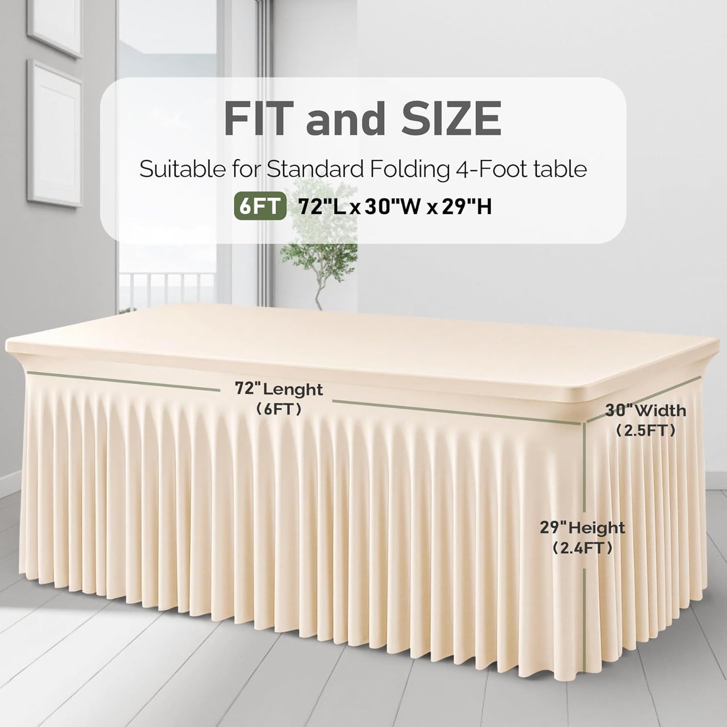 6 Packs Light Champagne Table Clothes for 6 Foot Rectangle Tables, One-Piece Wrinkle Resistant Stretch Spandex Table Covers with Skirt for Event Banquet Wedding Birthday Party