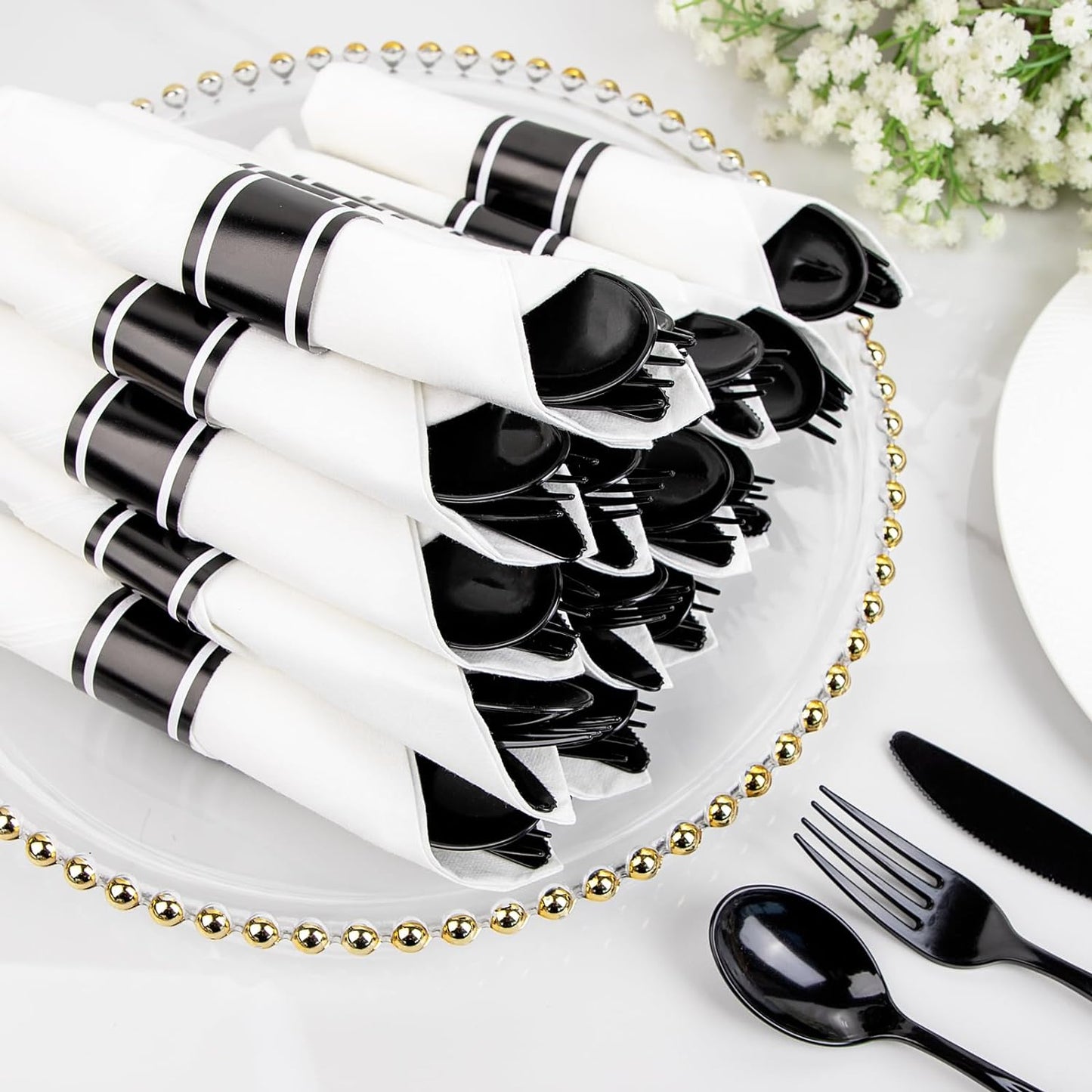 Supernal 60 Pack Hevy Duty Rolled Black Plastic Silverware,Pre Wrapped Cutlery with Napkins, Rolled Plastic Forks and Spoons, Black Disposable Silverware Suit for Party, Birthday