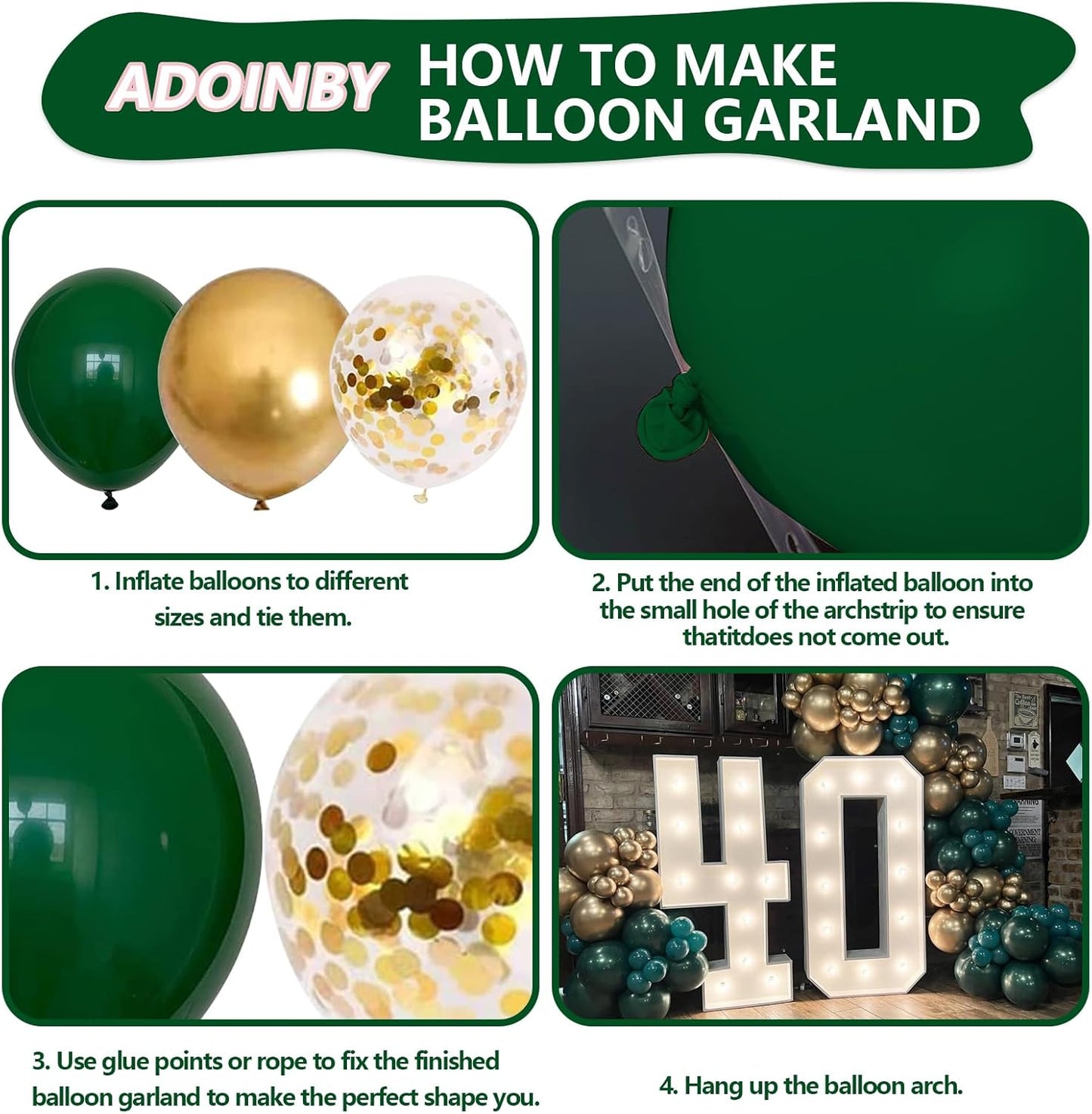 Green and Gold Balloon Arch Kit, ADOINBY 140Pcs Metallic Gold Balloon Emerald Forest Hunter Dark Green Balloon 18 12 10 5 Inch Different Size Balloons for Birthday Anniversary Jungle Party Decorations