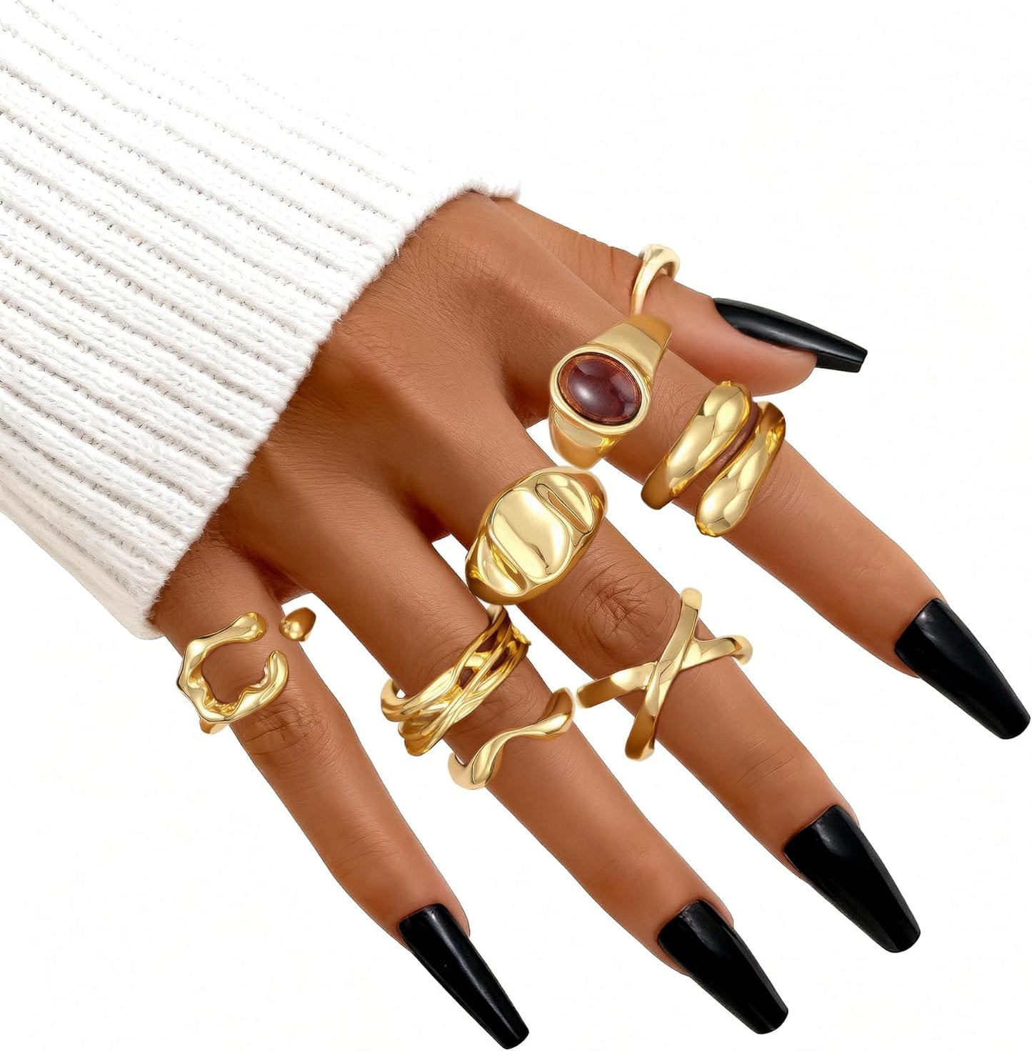 FAXHION 12PCS Gold Stackable Rings Set for Women, 18K Gold Plated Open Stacking Knuckle Ring, Adjustable Chunky Signet Band Statement Ring for Gift