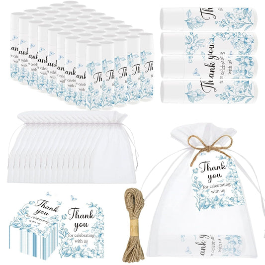 50 PCS Blue Flower Bridal Baby Shower Lip Balm Gift Baby Shower Favor Party Wedding and Engagement Party Bulk Lip Balm Thank You Gifts with Card Tags for Guests (blue flower)