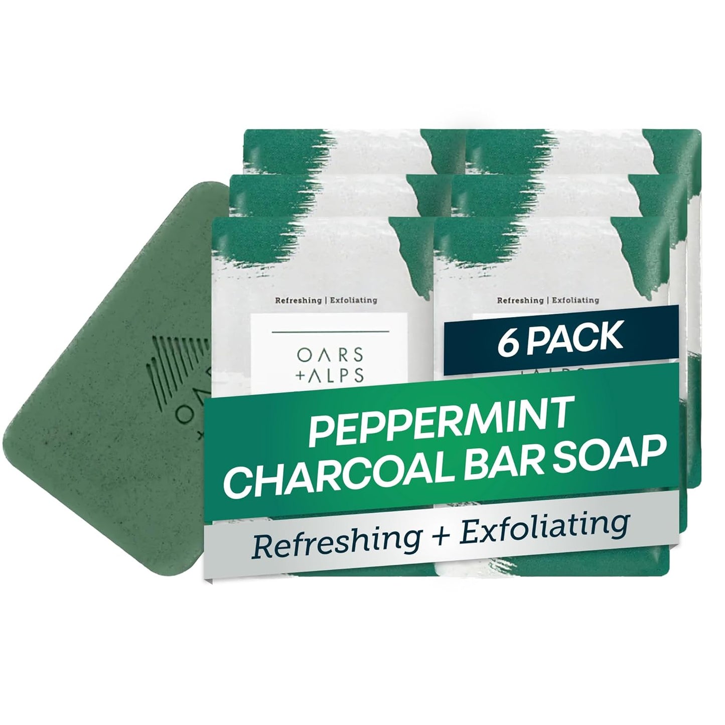 Oars + Alps Peppermint Charcoal Exfoliating Men's Bar Soap, Dermatologist Tested and Made with Clean Ingredients, Travel Size, 6 Pack, 6 Oz Each