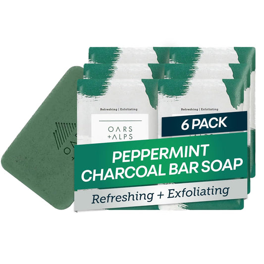 Oars + Alps Peppermint Charcoal Exfoliating Men's Bar Soap, Dermatologist Tested and Made with Clean Ingredients, Travel Size, 6 Pack, 6 Oz Each