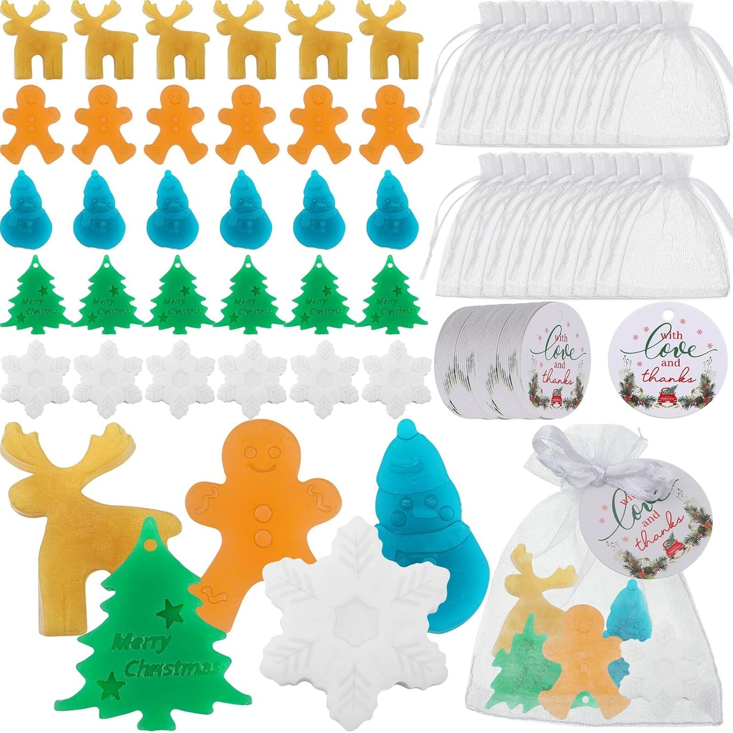 60 Set Christmas Soap Bar Gift Set Christmas Handmade Soaps Bulk Xmas Tree Snowman Gingerbread Snowflake Soaps with 50 Organza Bags 50 Thanks Tags Fun Holiday Stocking Stuffer Party Favors