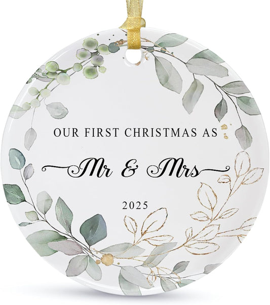 Our First Christmas Married Ornament 2025,Wedding Gifts for Couples Unique Decoration,First Year Newlywed Mr and Mrs Hanging 2.9" Ceramic Round Ornament