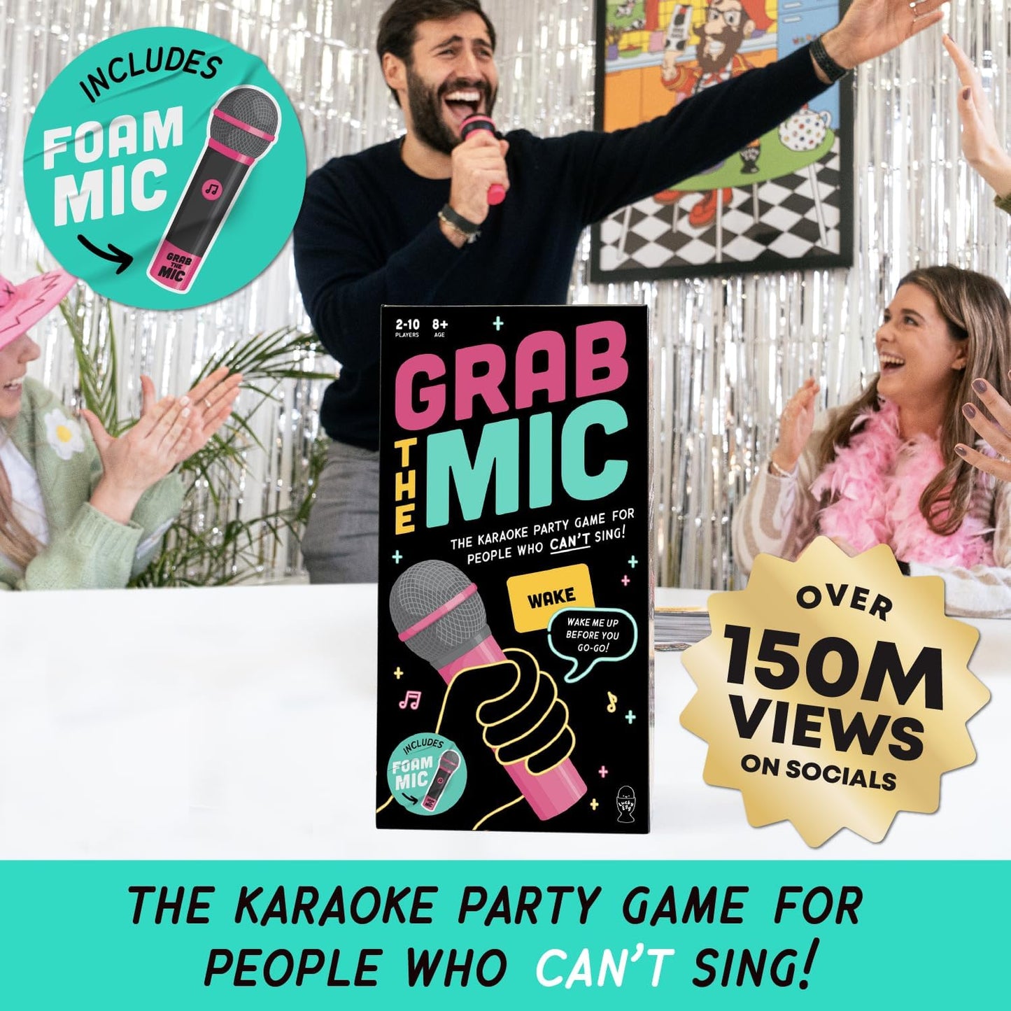 Lucky Egg Official Grab The Mic – Family Karaoke Board Game w/Foam Mic, 8+ Ages, 2-10 Players - Games for Bad Singers w/ 250 Lyrics (125 Cards) for Hilarious Game Nights & Birthday Party, Kids Gift