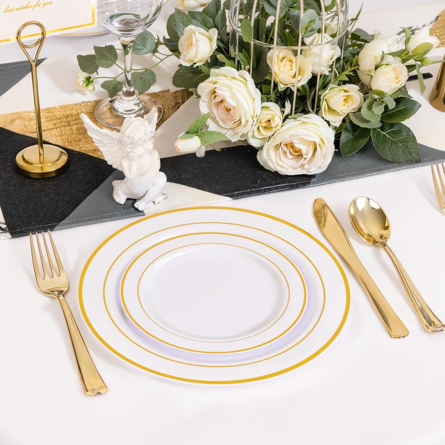 NOCCUR 200PCS Gold Plastic Plates - 100 Dinner / 100 Dessert Disposable Plates Heavy Duty - Ideal for Wedding, Party, Thanksgiving