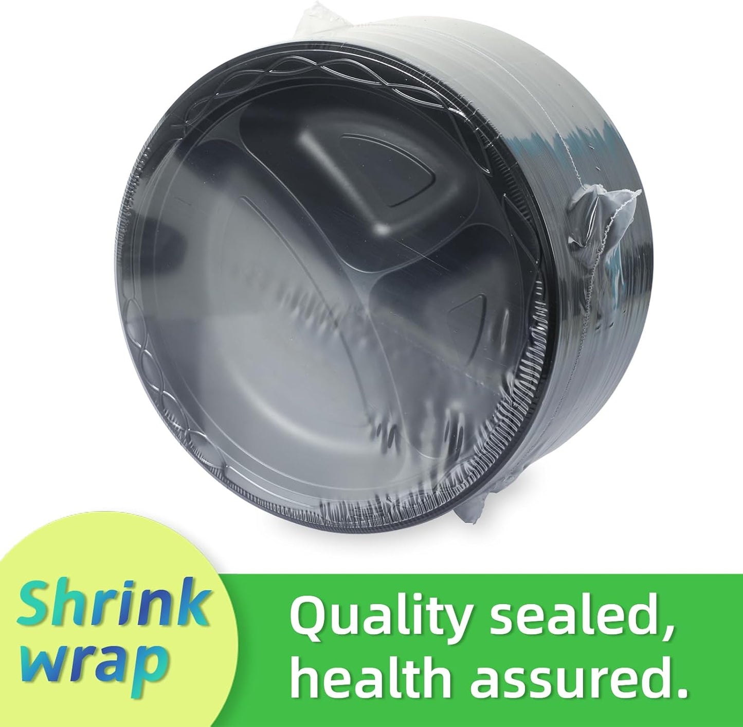 Plastic Plates Mineral Filled PP 9" - 150 Pack Shrink Wrap BPA Free Dinner Tray | Dishwasher & Microwave Safe | 3 Compartment Heavy Duty Black Reusable & Disposable Plate for Party Catering