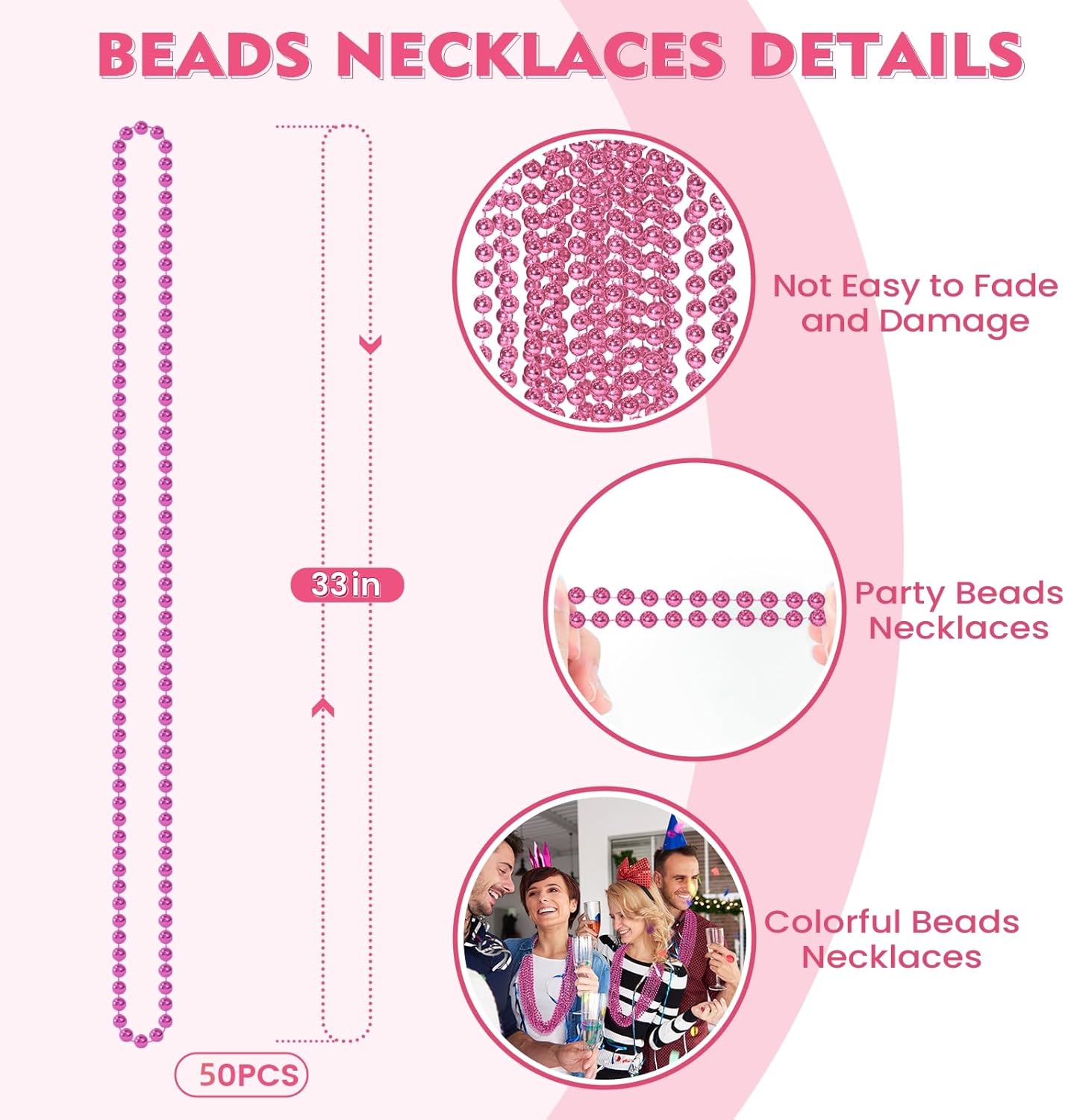 SHAOQINLIN 50 PCS Pink Bead Necklace, 33" Pink Mardi Gras Beads, Breast Cancer Awareness Beaded Necklaces, Party Beads for Mardi Gras, Christmas, Valentine's Day, Wedding, Gender Reveal Party Favors