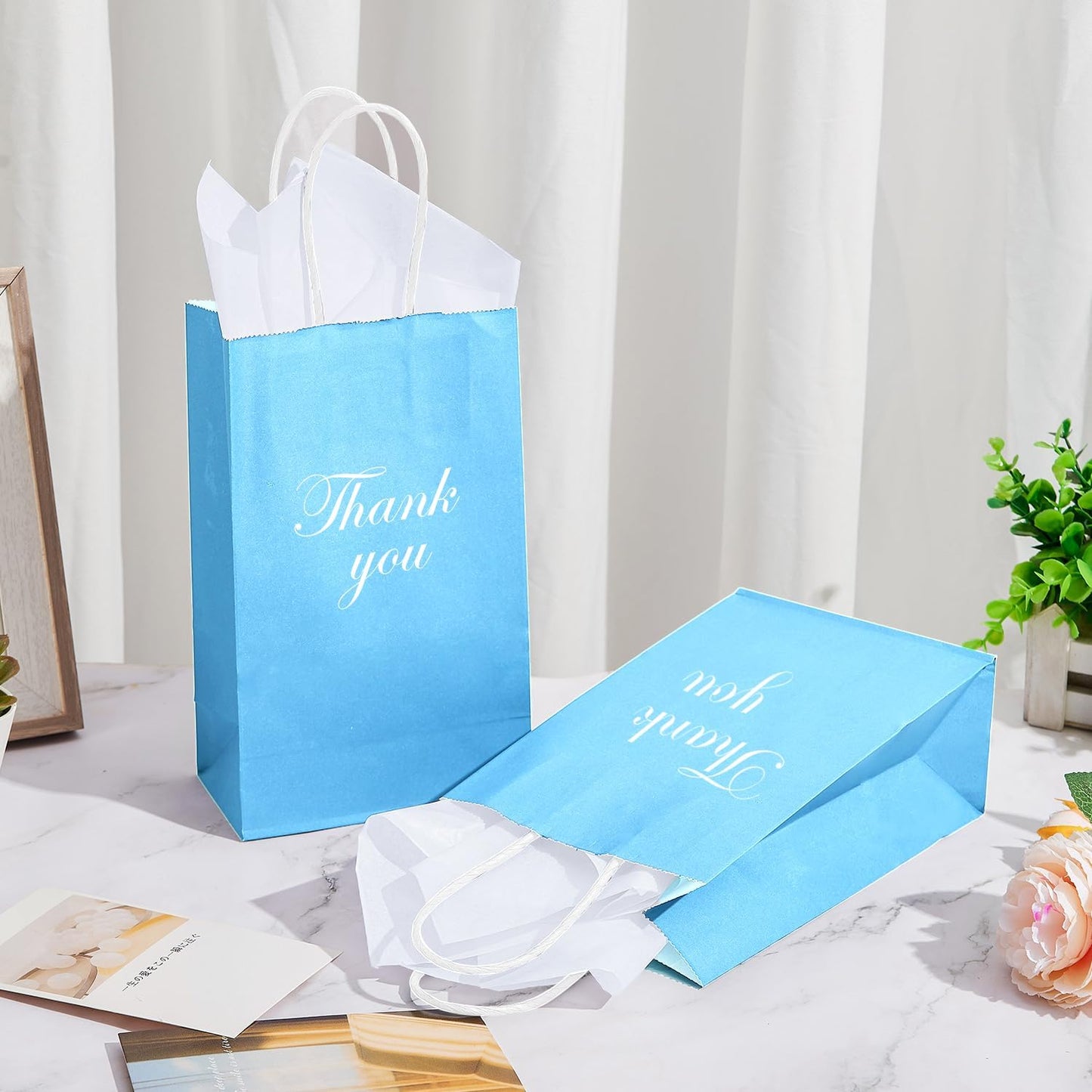 DjinnGlory 100 Pack Small Sized Blue Paper Bags with Handles Bulk for Merchandises, Christmas Gifts, Baby Blue Party Goodie Bags for Birthdays, Baby Showers, Weddings, 9x5.5x3.15 Inch