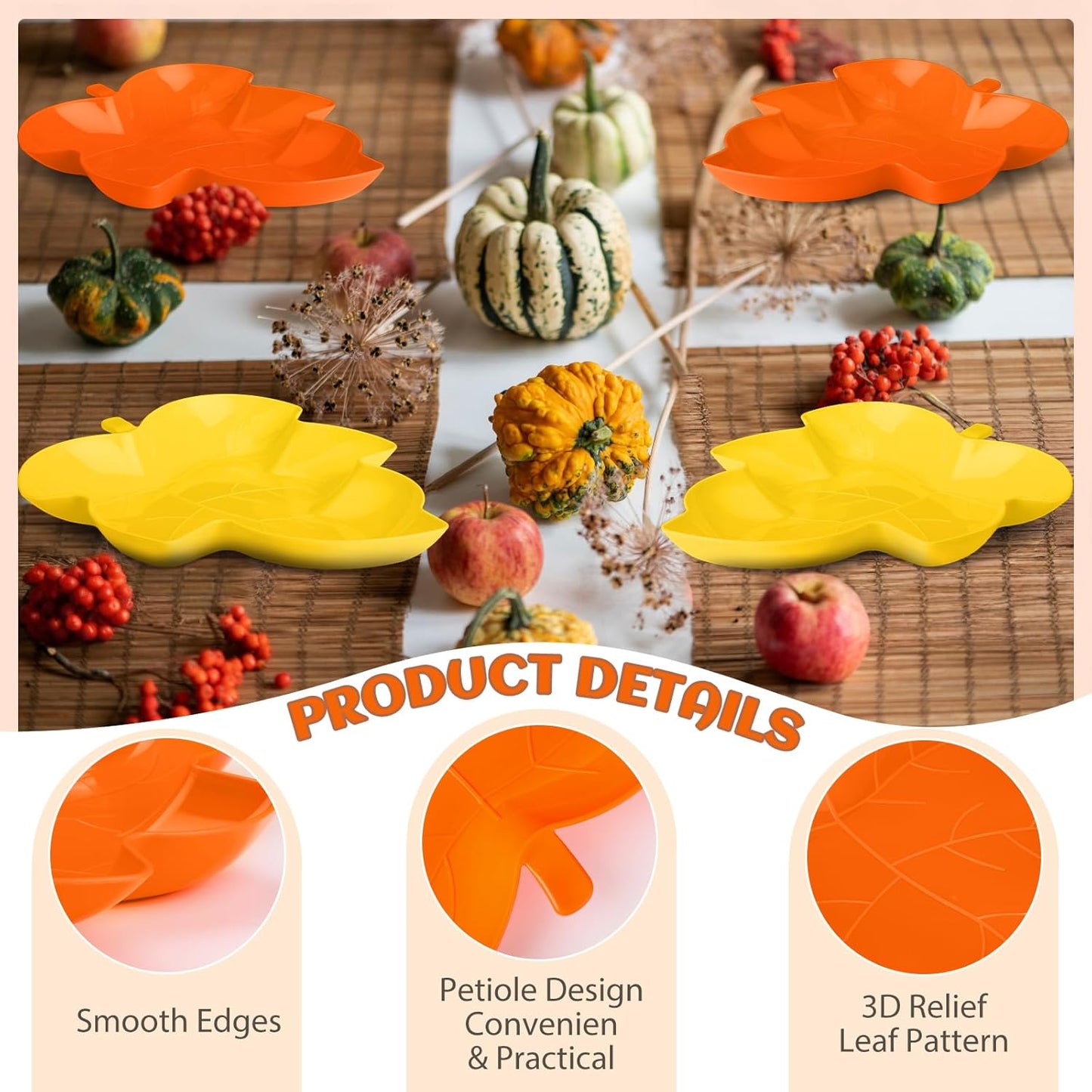 Honeydak 24 Pcs Thanksgiving Plates Fall Snack Dessert Dishes Thanksgiving Maple Leaves Shape Plates Yellow Orange Dishes Candy Fruit Plastic Bowls for Autumn Harvest Party Supplies