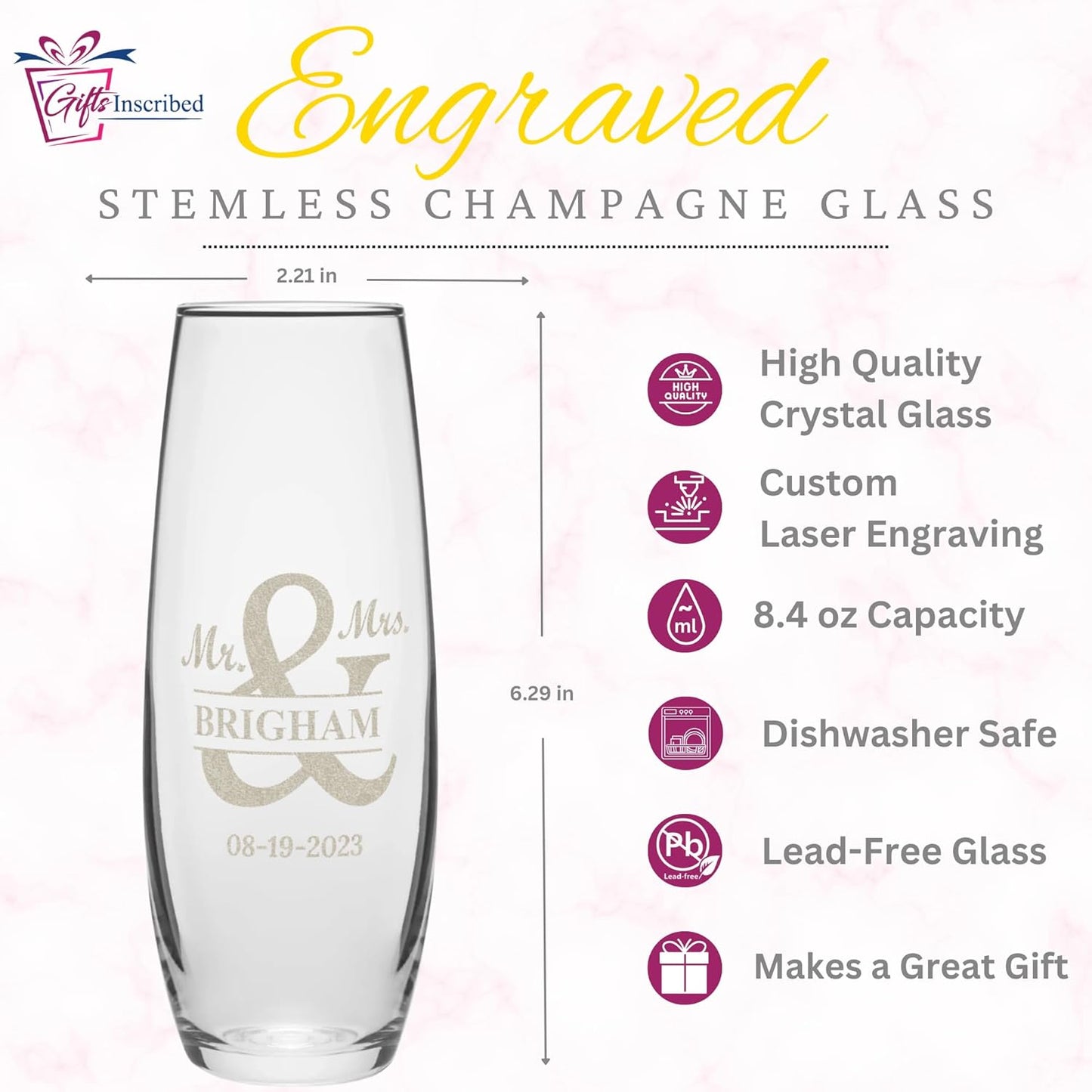 Gifts Inscribed Personalized Champagne Glasses Set of 2 – Custom Stemless Flutes – Laser Engraved Wedding, Anniversary, Engagement, or Bridal Party Gift