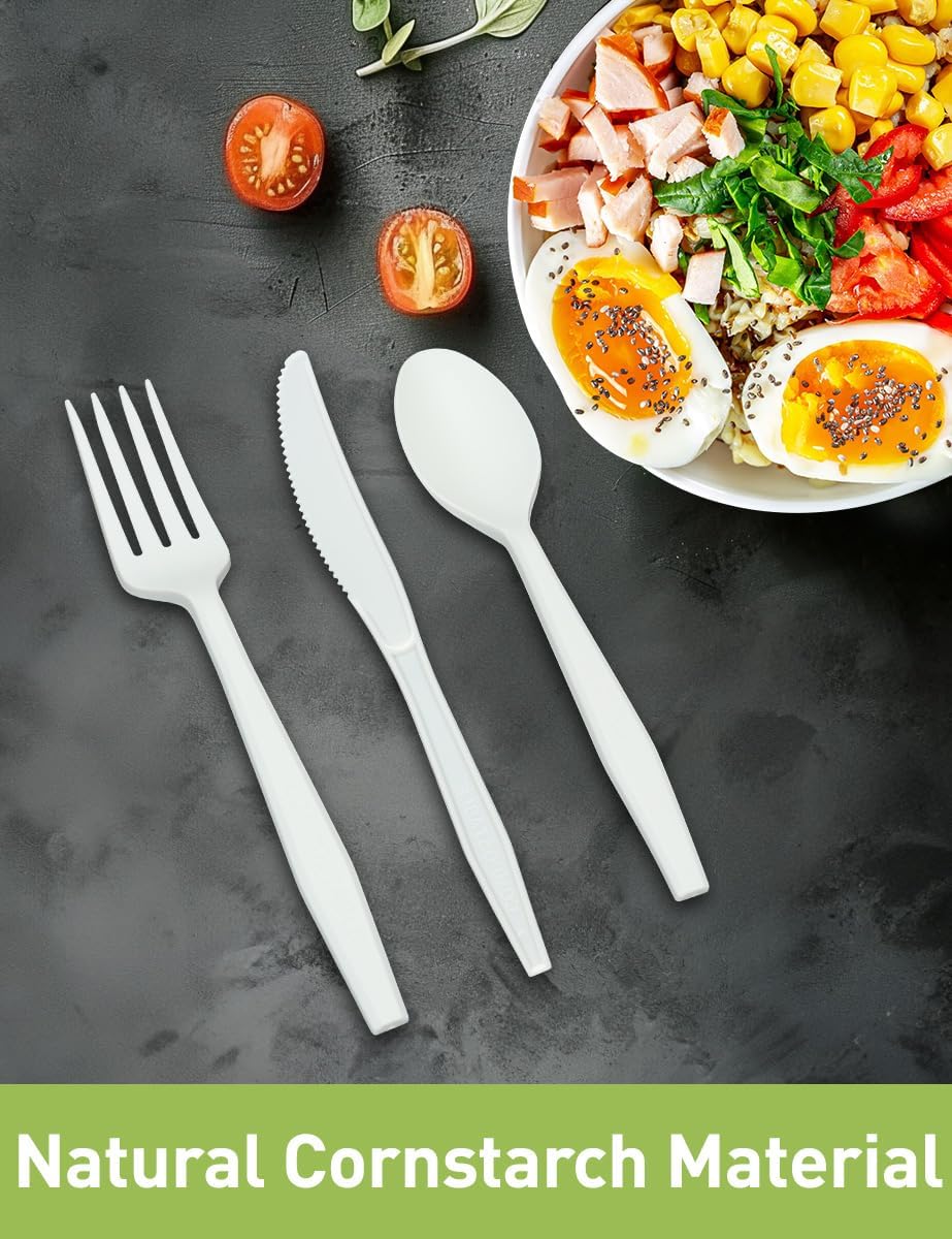 100% Compostable 200 Count No Plastic Spoons, Plastic Utensils, The Heavyweight Heavy Duty Flatware is Eco-Friendly Products for Lounge Party Wedding Office BBQ Picnic Camping.