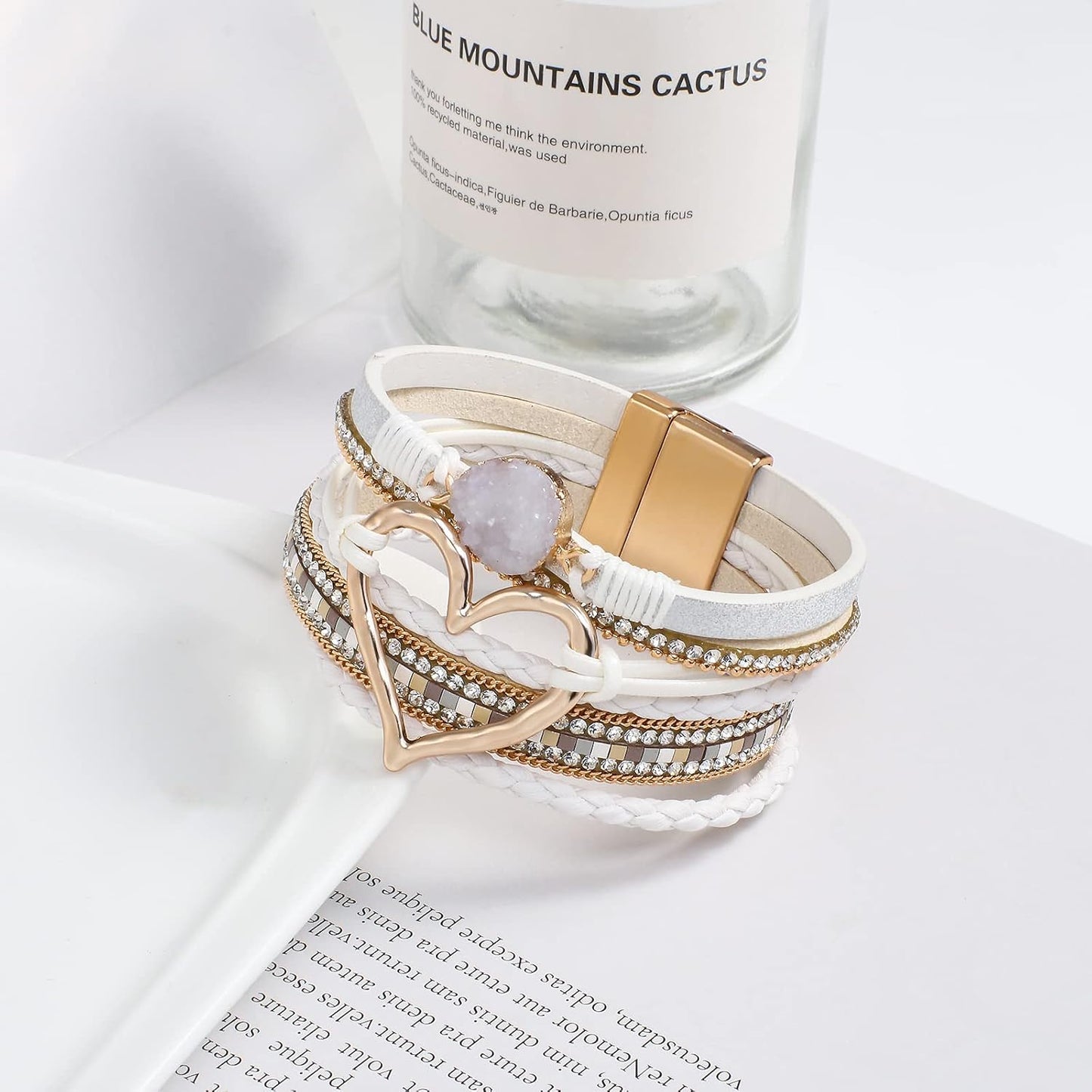 Leather Wrap Bracelet for Women Beaded Cuff Bracelet with Heart-shape Decor Bohemian Crystal Bracelet Jewelry with Clasp Bangle Bracelet for Women Girls Birthday Holiday Gift