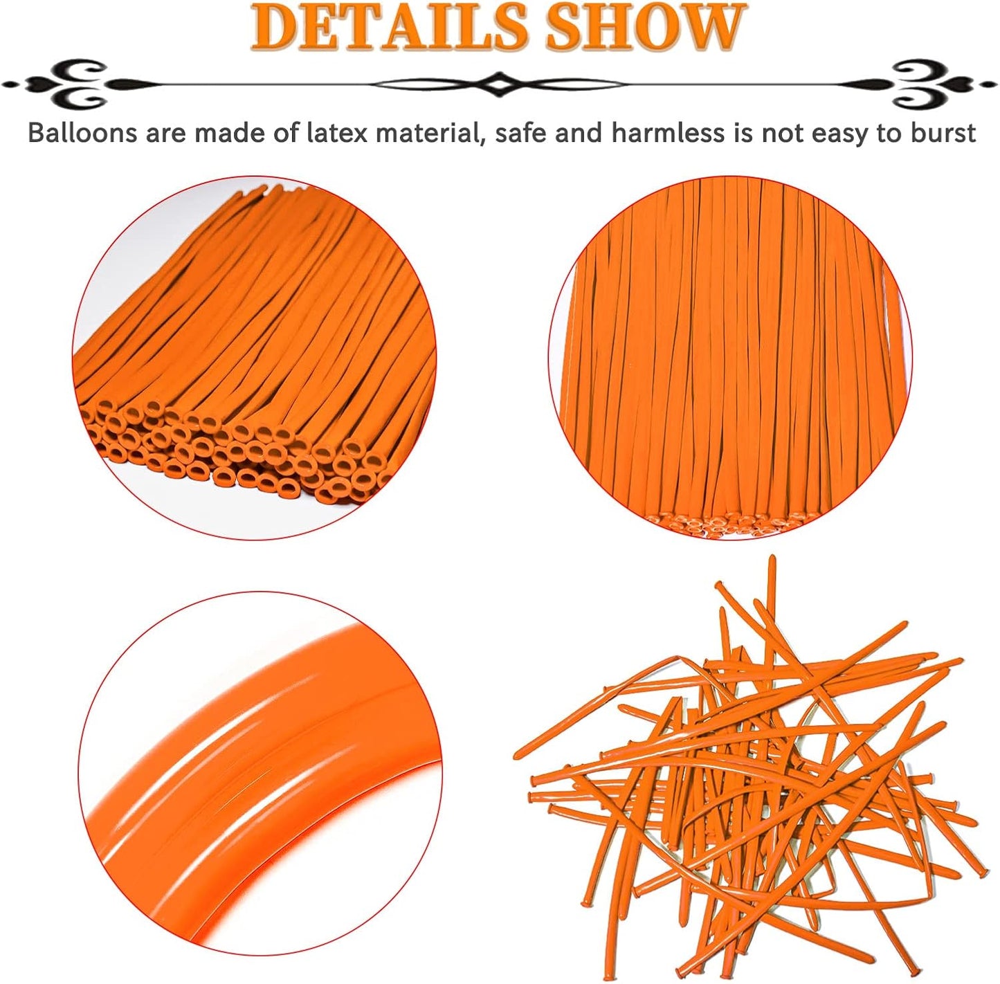 Orange 260 Long Skinny Twisting Animal Balloons, Rainbow Balloons for Animal Shapes Carnival Festival Party Supplies 100pcs