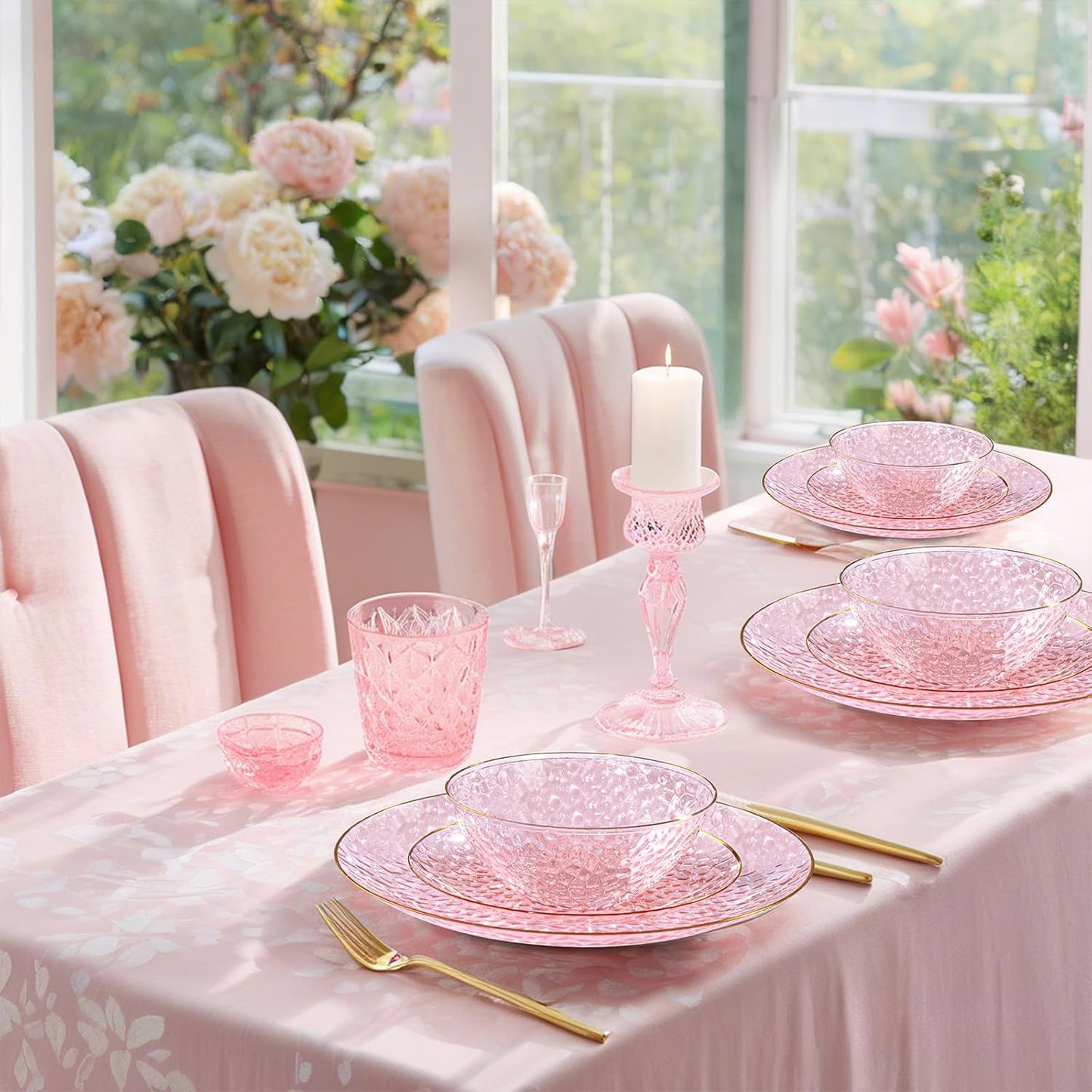 I00000 20 Pack 12 Ounce Pink Plastic Bowls Hammered Gold Rimmed Crystal Like, Heavy duty Disposable Bowl Set,Elegant Soup/Salad/Dessert/Ice Cream Small Bowls For Thanksgiving Party, Weddings, Catering